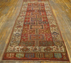 1840s Red Geometric Turkish Anatolian Konya Runner Carpet 4'3" x 11'6" Woven Rug