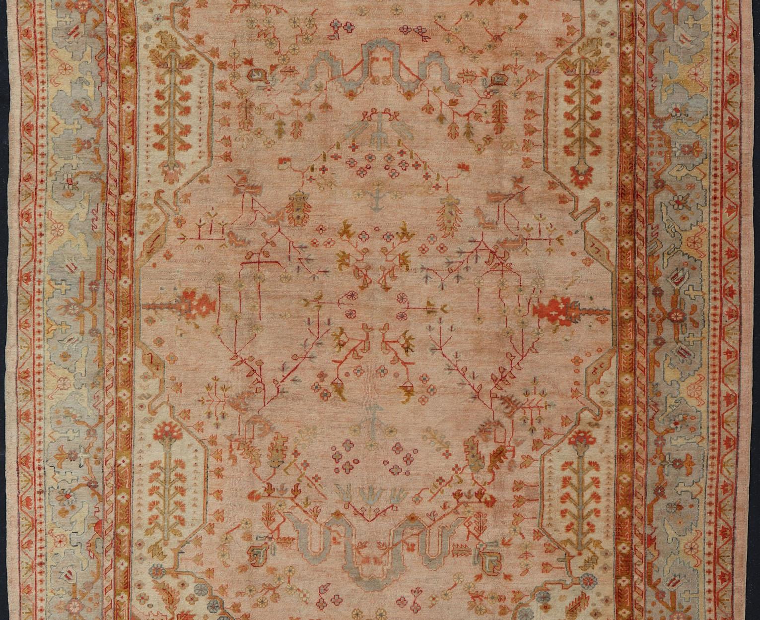 Antique Turkish Large Oushak Colorful Rug in Salmon, Green, Yellow, Orange For Sale 12