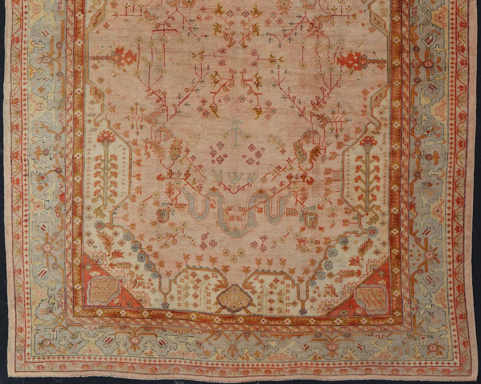 Antique Turkish Large Oushak Colorful Rug in Salmon, Green, Yellow, Orange For Sale 13