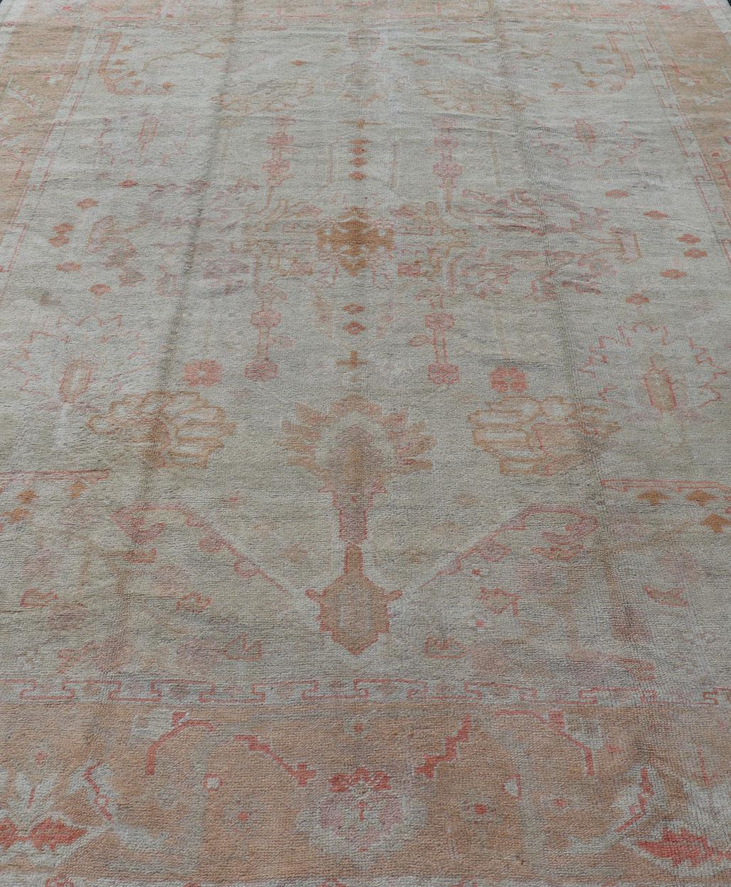 Antique Turkish Large Oushak Rug in Taupe, Light Green and Light Copper For Sale 9