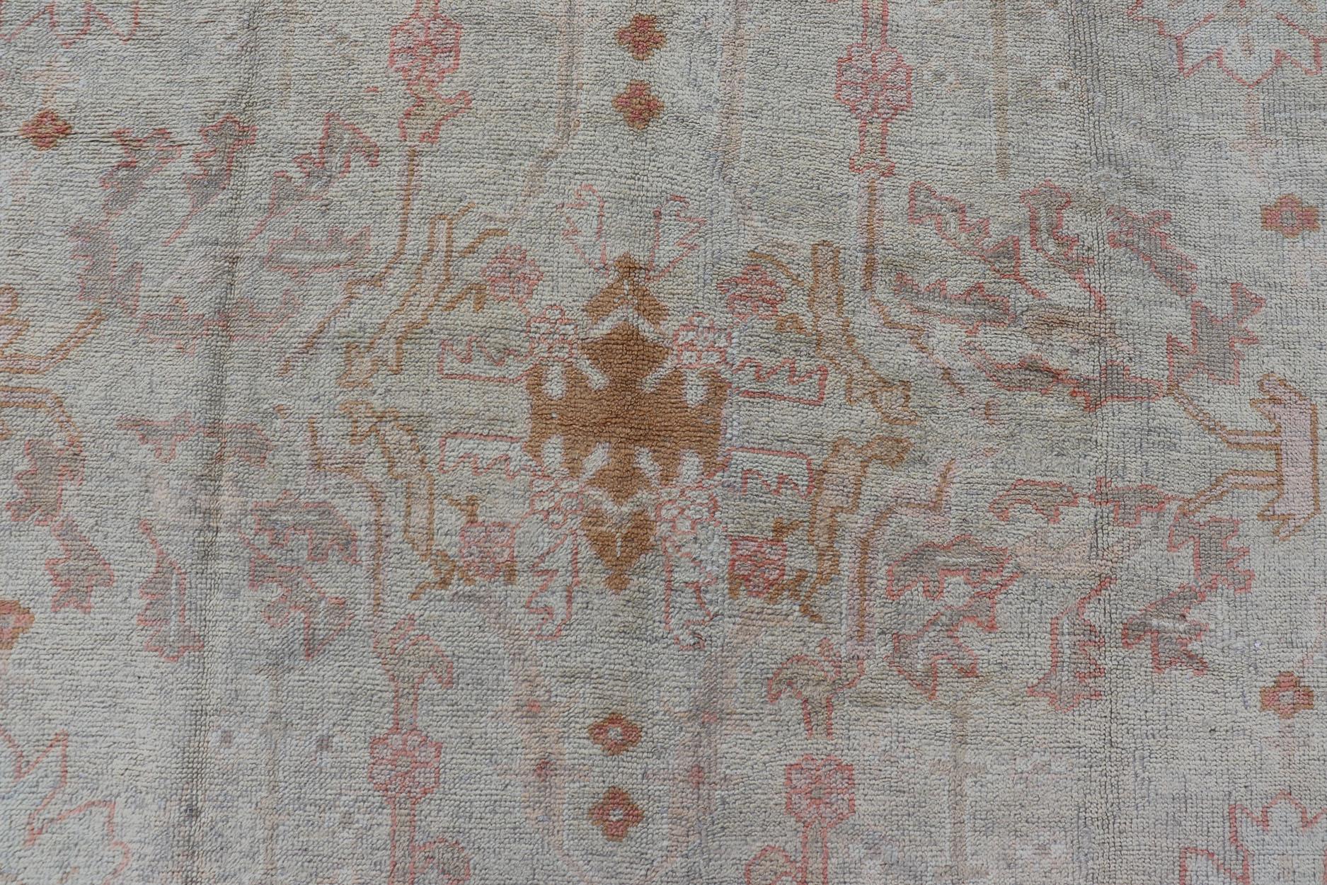 Hand-Knotted Antique Turkish Large Oushak Rug in Taupe, Light Green and Light Copper For Sale