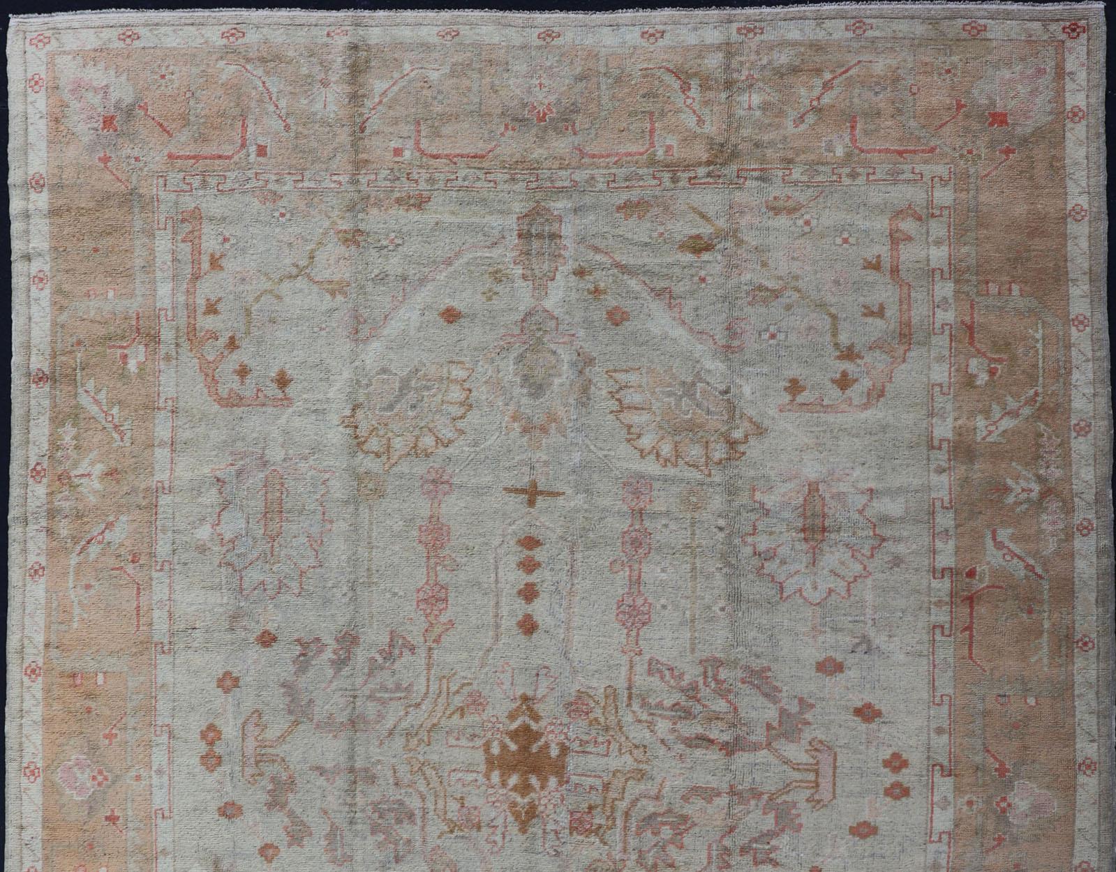 Antique Turkish Large Oushak Rug in Taupe, Light Green and Light Copper For Sale 3
