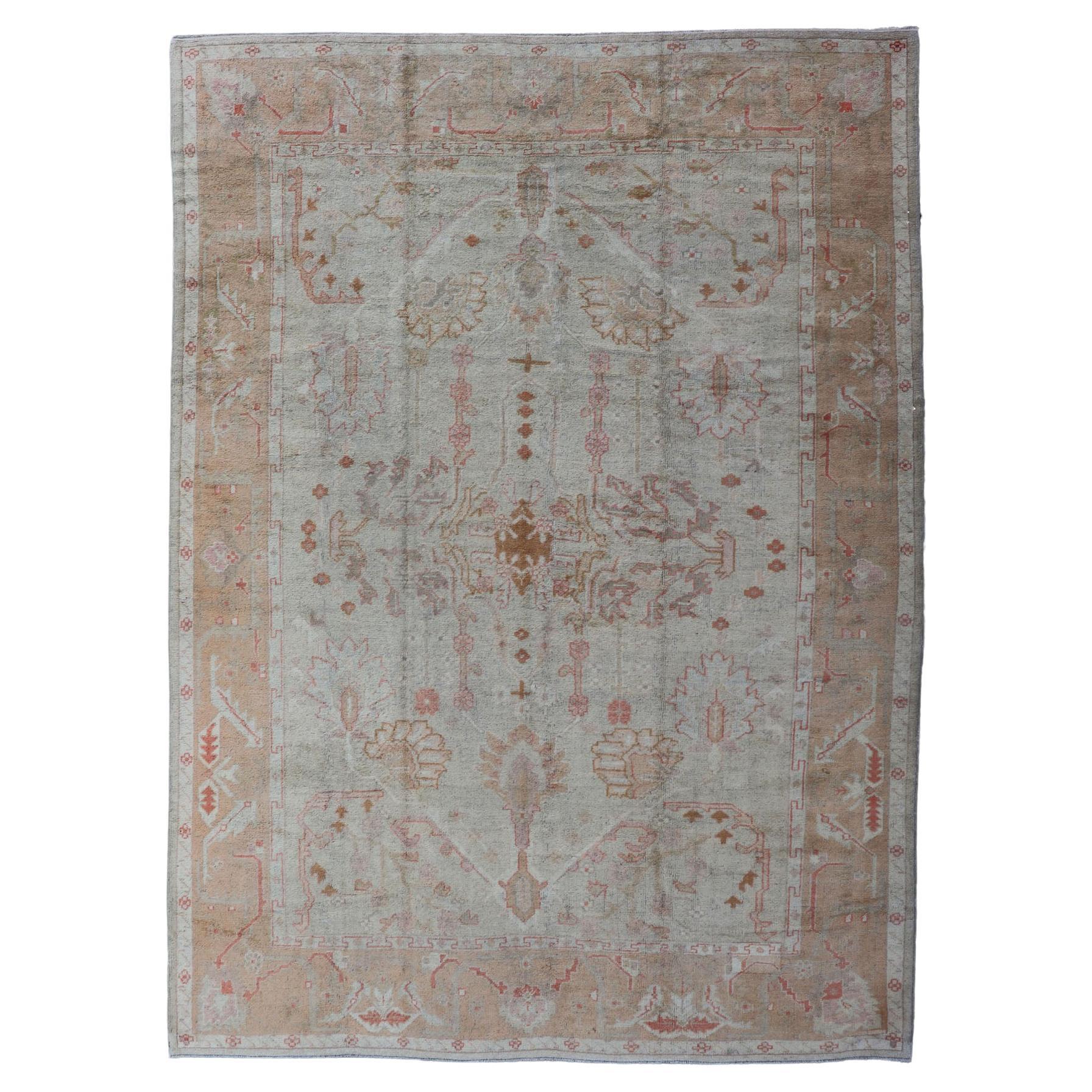 Antique Turkish Large Oushak Rug in Taupe, Light Green and Light Copper For Sale