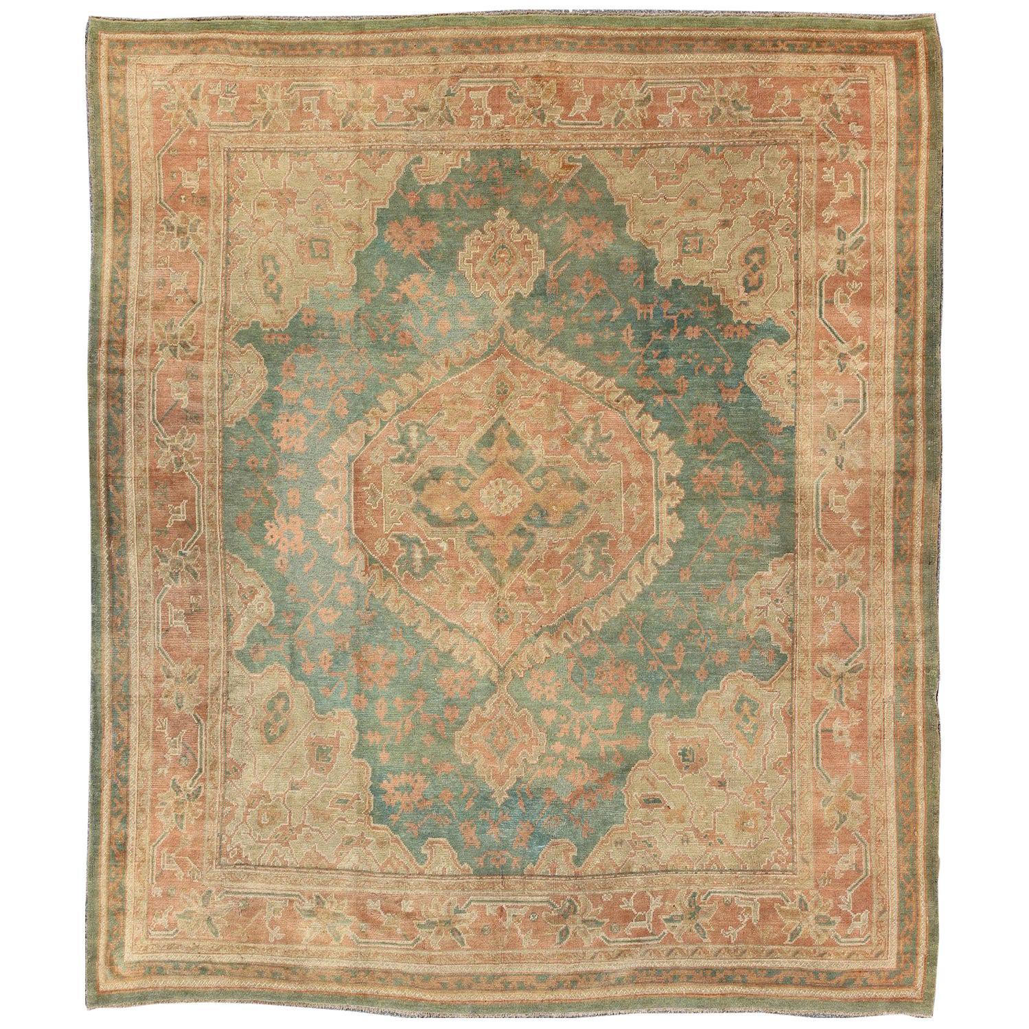 Antique Turkish Medallion Oushak Rug in Teal Green, Rose and Buttery Colors