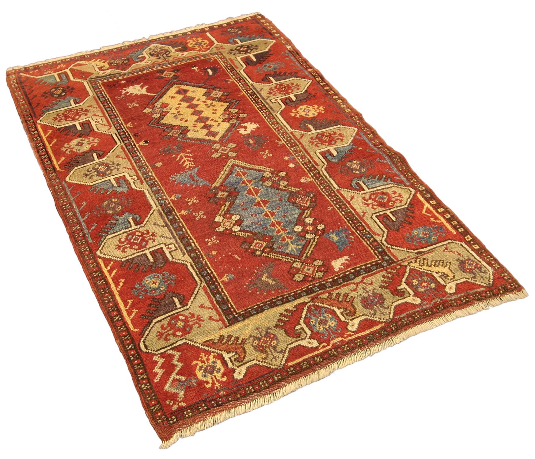 Hand-Knotted Antique Turkish Melas Large-Scale Medallions Red Background Rug, 19th Century For Sale
