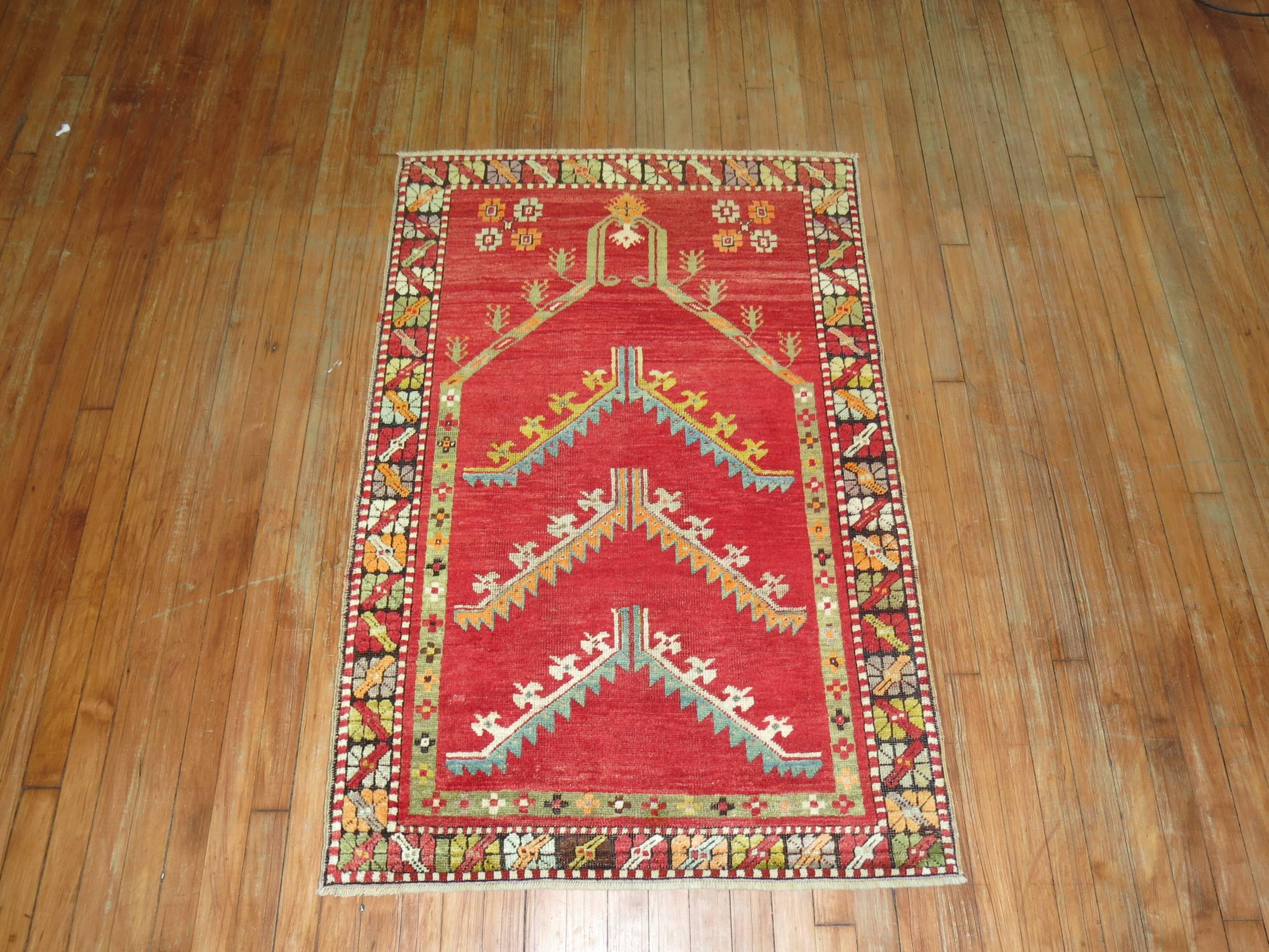 Bohemian Zabihi Collection Antique Turkish Melas Prayer Niche Rug For Sale