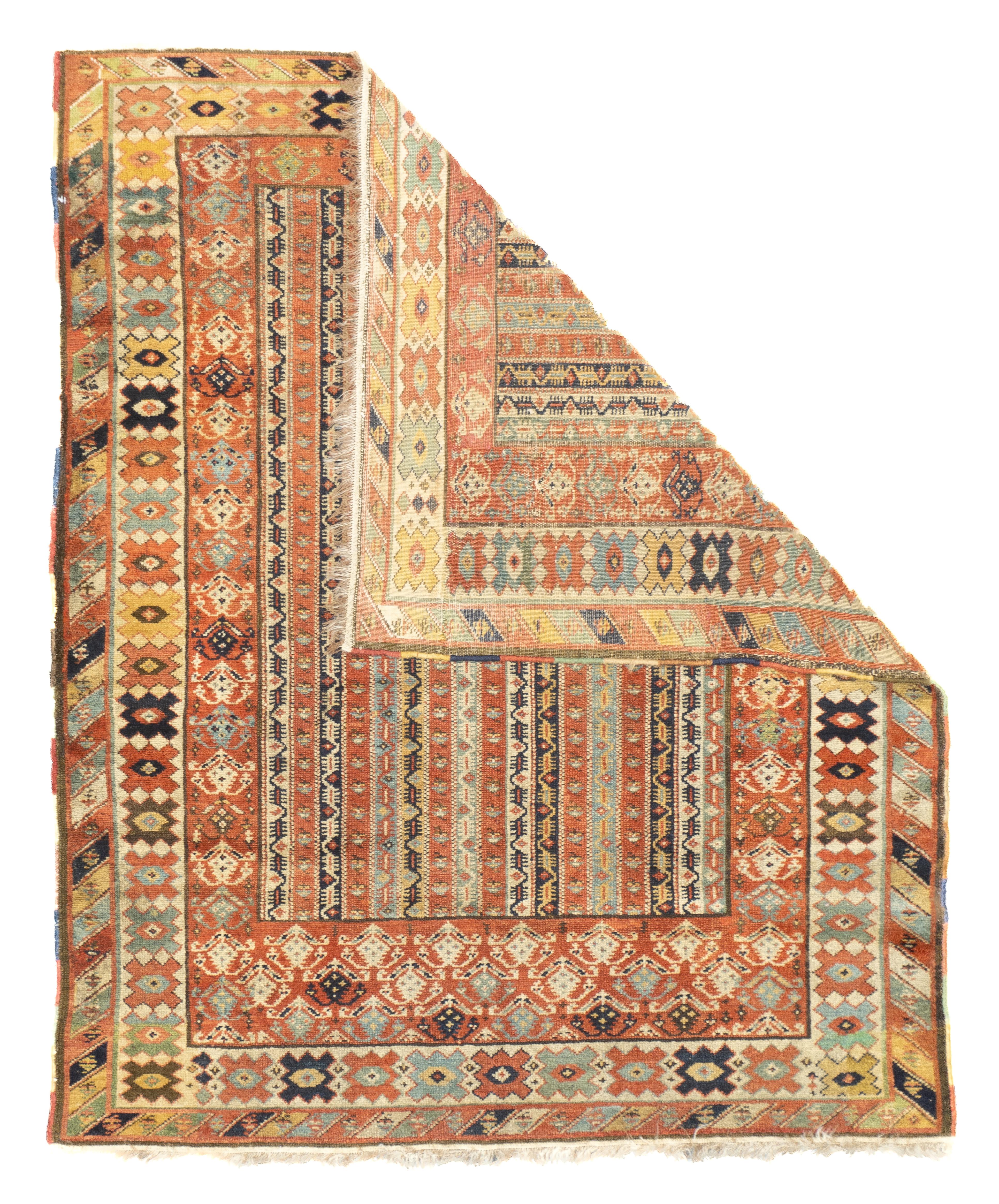 Antique Turkish Milas Rug 3'9'' x 4'6''. Town along Turkey’s SW Mediterranean coast, actively weaving scatters and prayer rugs since the 18th century. All wool. Geometric. Symmetric knots, colorful, with yellow particularly prominent. Several