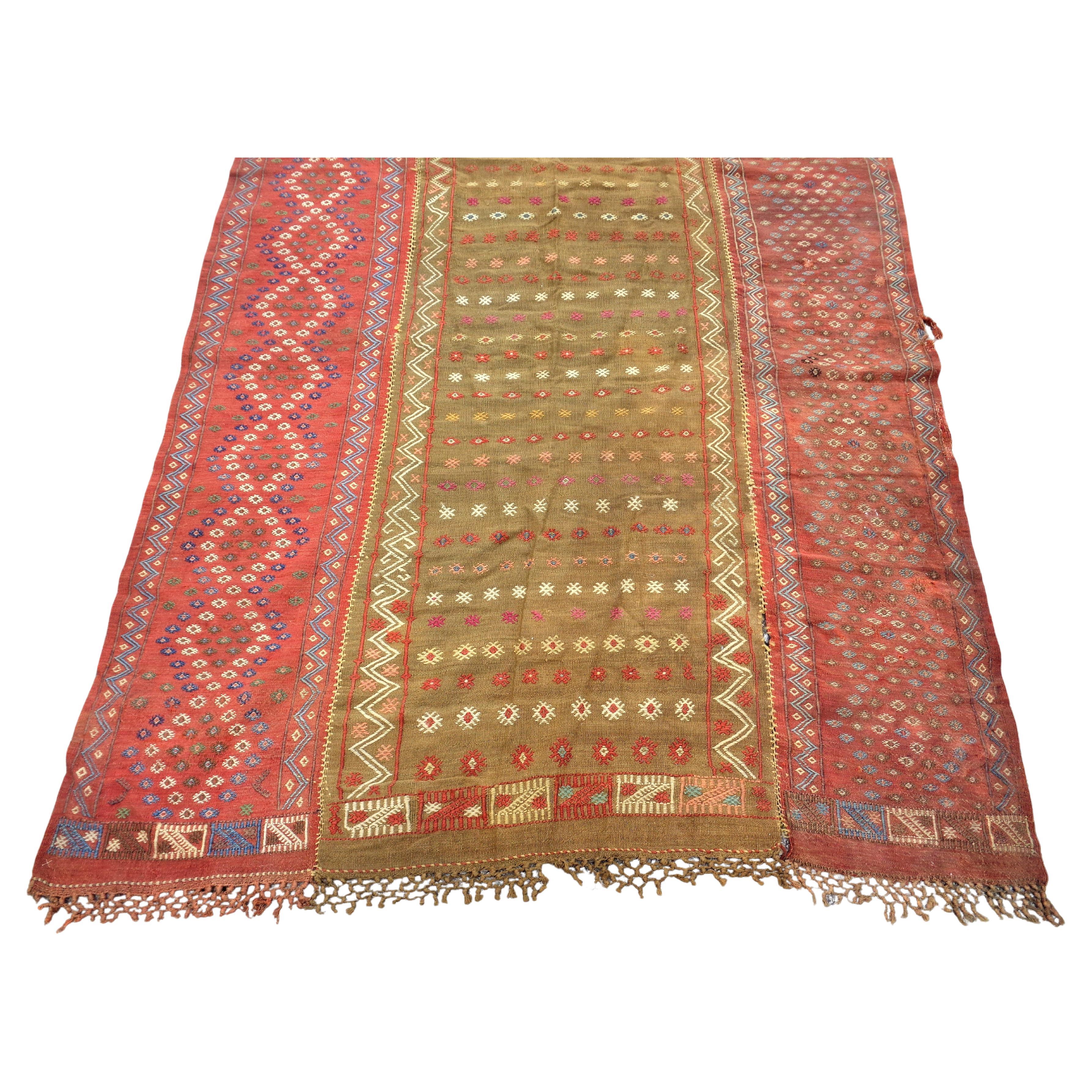 Antique nomadic Turkish kilim long rug runner. Hand woven / sewn together three panels ( central field / two borders ) beautifully aged all natural vegetal dye colors. A genuine antique tribal rug, not a commercially made piece that was intended for