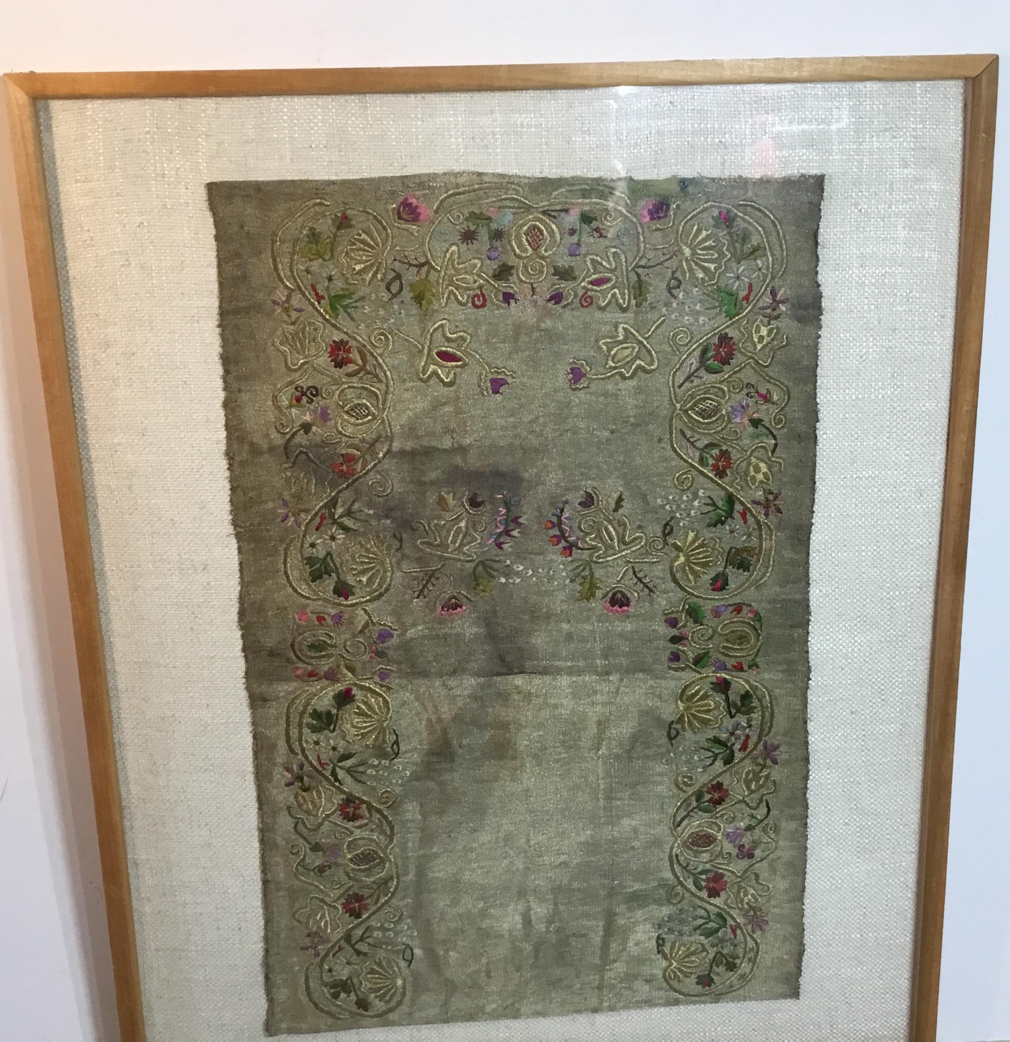 Exquisite Turkish ottoman era embroidery rug made of silk embroidery on metal background, could be some silver, beautiful patterns of flower and vines from the late 19 century.
Professionally mounted and hand sewn to cream color backing all in very