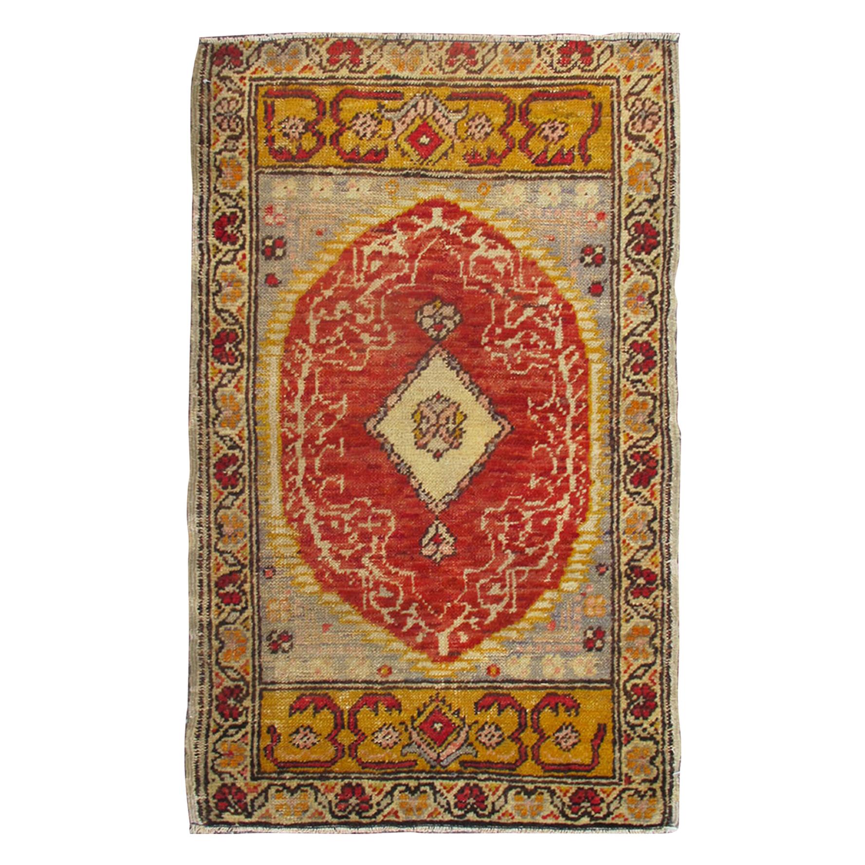 Antique Turkish Ottoman Rug with Medallion and Flowers in Yellow, Red, Gray