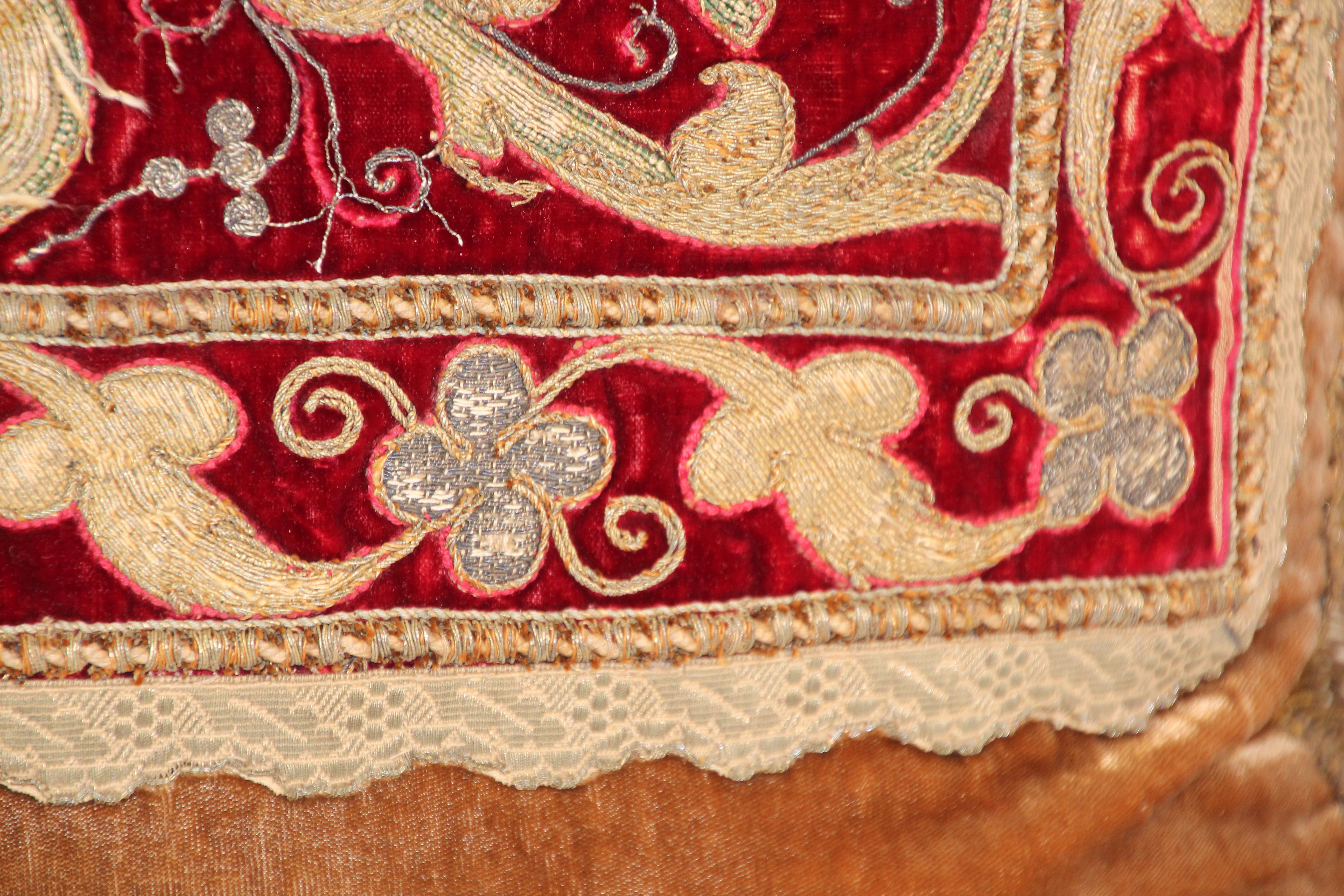 Hand-Crafted Antique Turkish Ottoman Silk Pillow with Metallic Threads