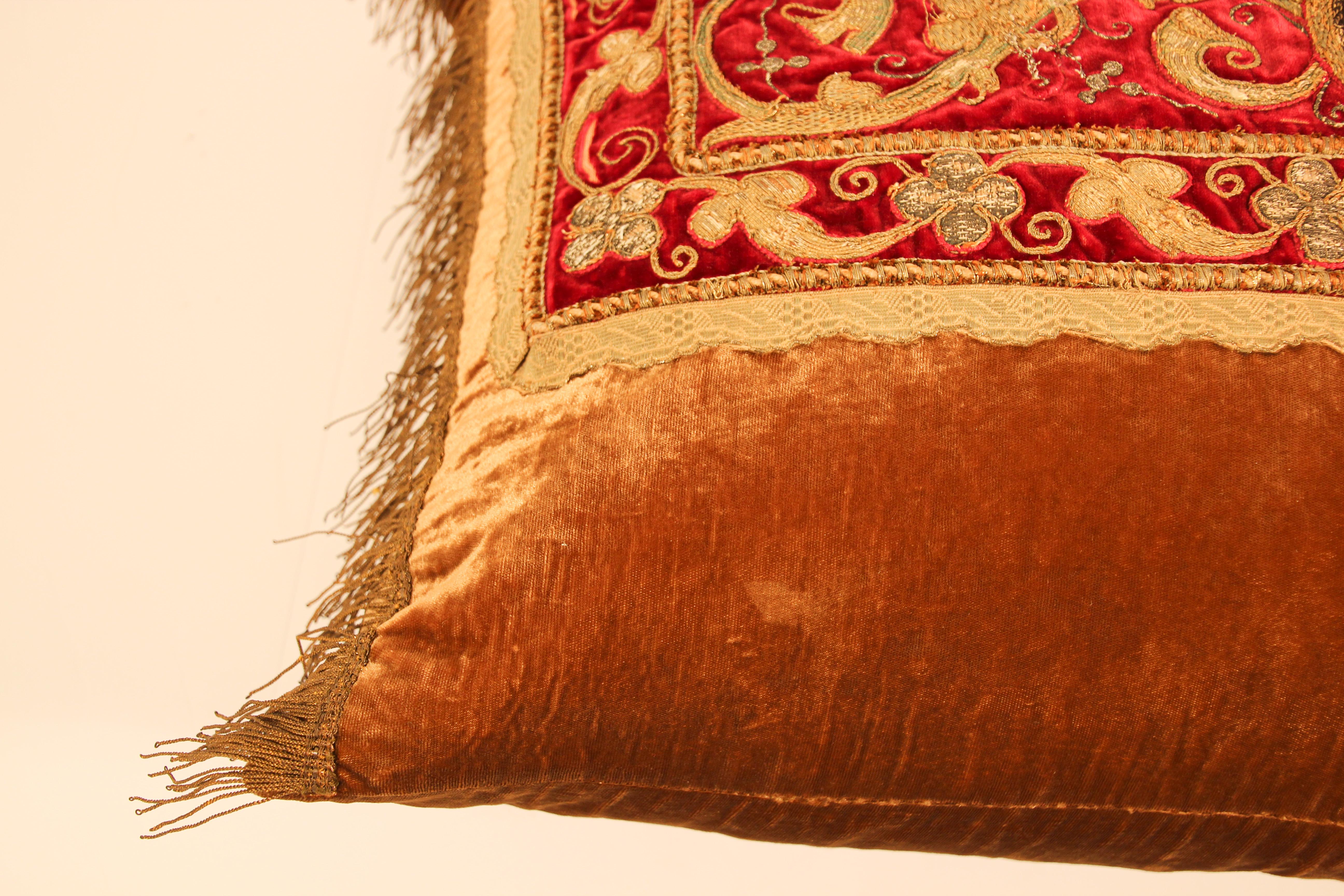 20th Century Antique Turkish Ottoman Silk Pillow with Metallic Threads