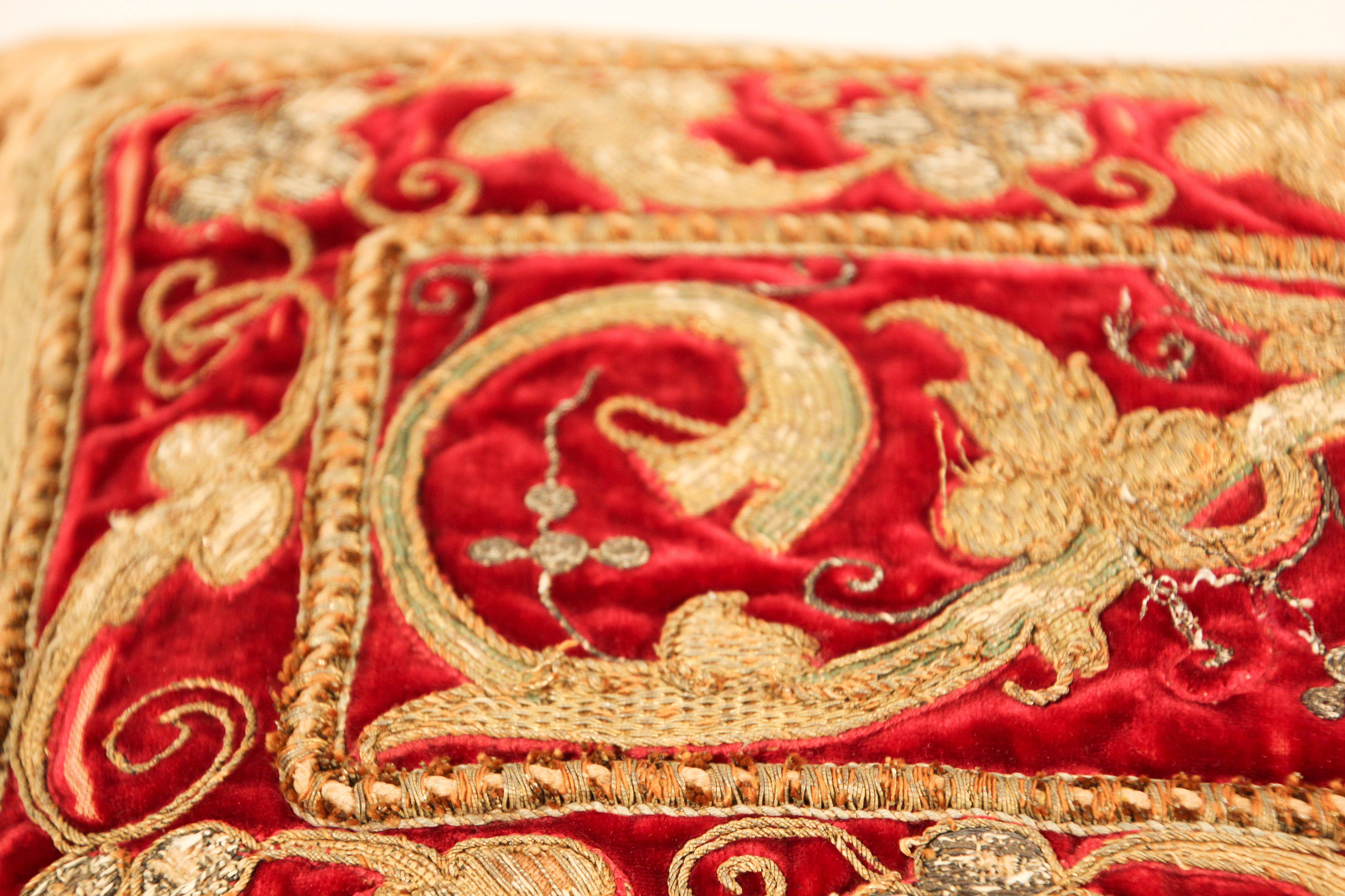 Antique Turkish Ottoman Silk Pillow with Metallic Threads 1