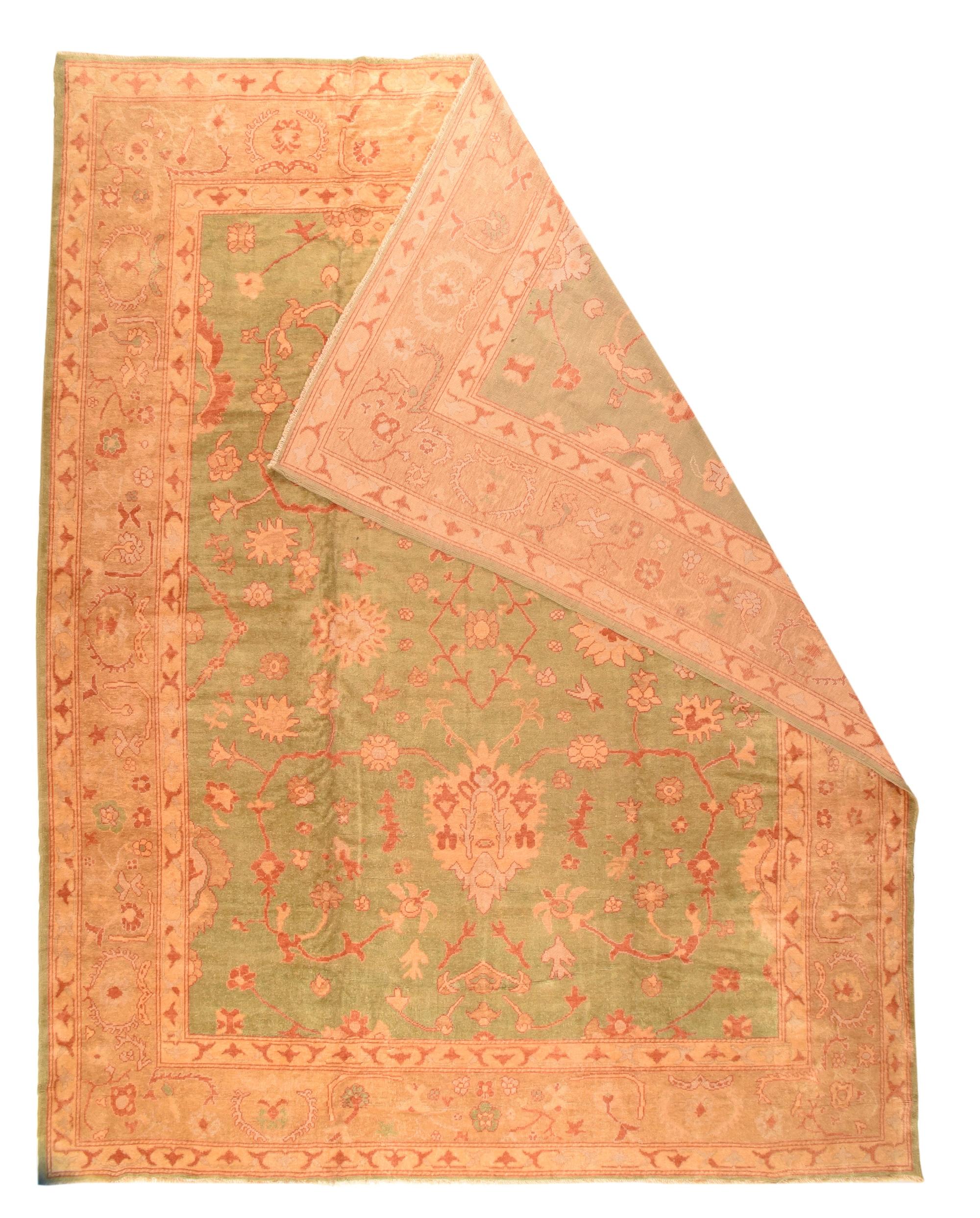 Antique Turkish Oushak 13’7” x 17’2”. Town in Western Anatolia, weaving mostly room sizes, in coarse to moderate weave, high pile. Antiques are all wool, changing to cotton foundations in the 1920’s. Geometric or Persian-derived patterns, soft or