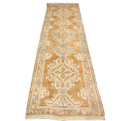 Antique Turkish Oushak 3X11 Golden Beige & Ivory Handmade Runner Rug