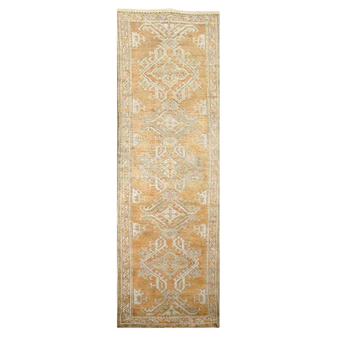 Antique Turkish Oushak 3X11 Golden Beige & Ivory Handmade Runner Rug
