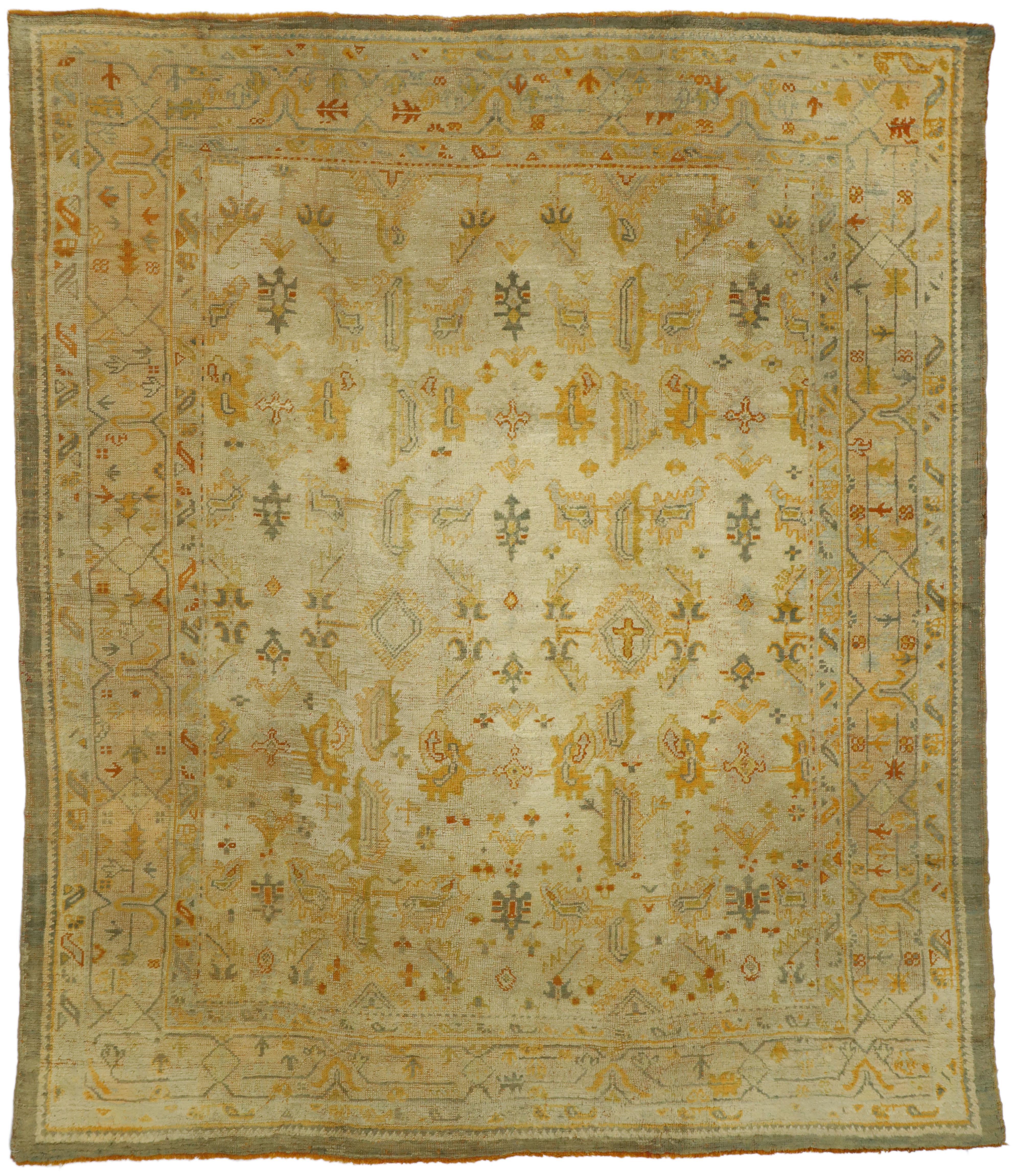 Antique Turkish Oushak Angora Wool Rug with Georgian Chippendale Style For Sale