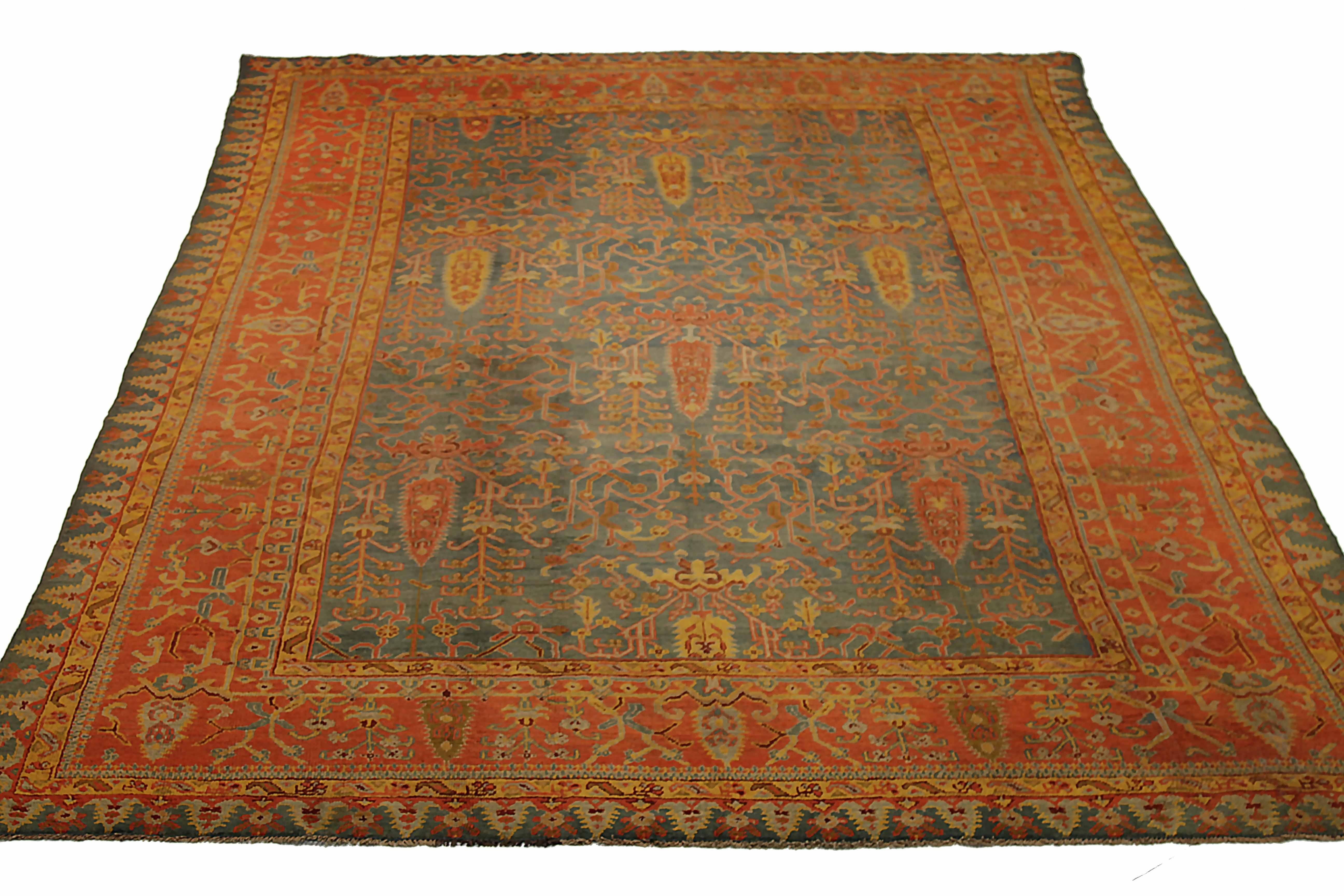 Antique area rug handwoven from the finest sheep’s wool. It’s colored with all-natural vegetable dyes that are safe for humans and pets. It’s a traditional Oushak design handwoven by expert artisans. It’s a lovely area rug that can be incorporated