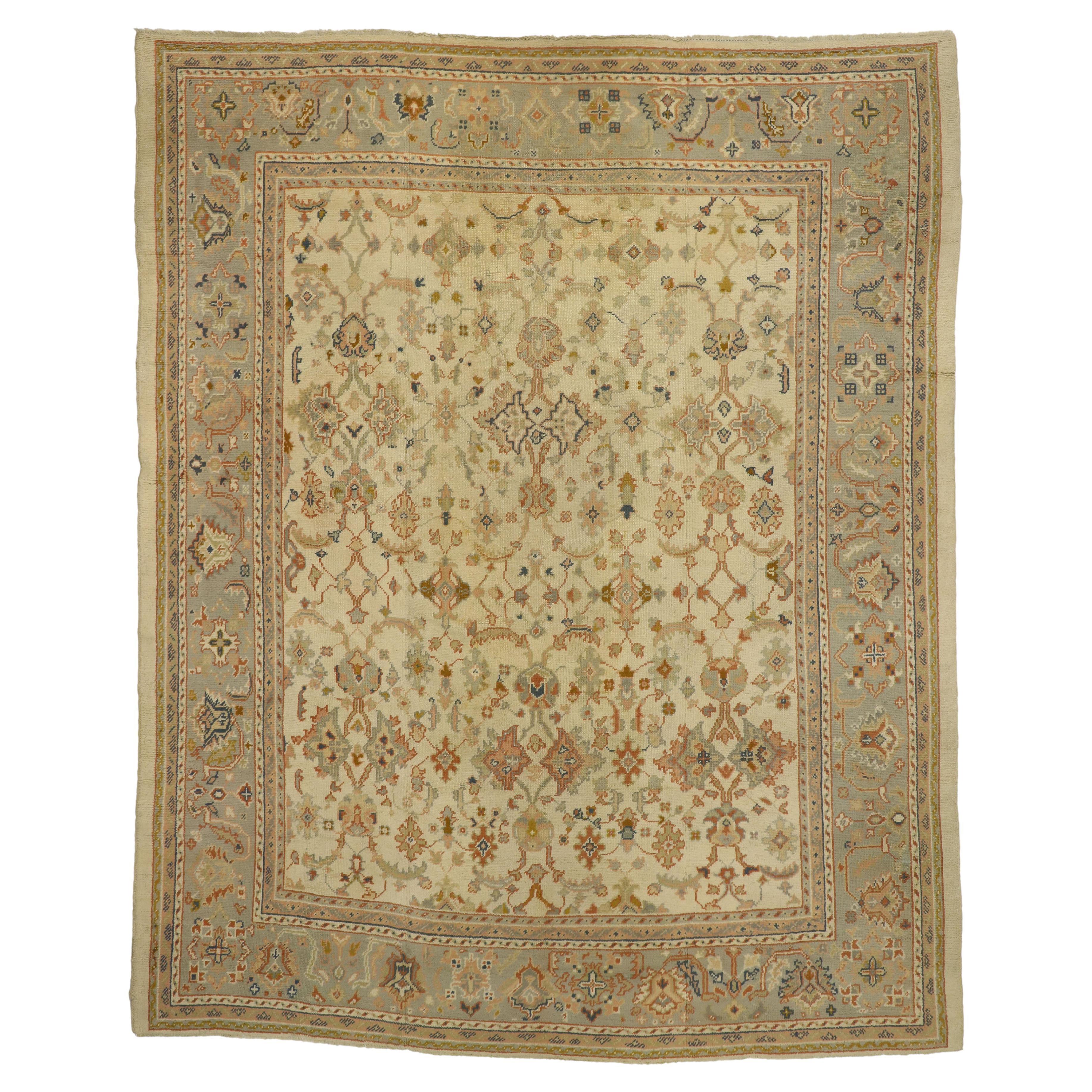 Antique Turkish Oushak Area Rug with French Provincial Style For Sale