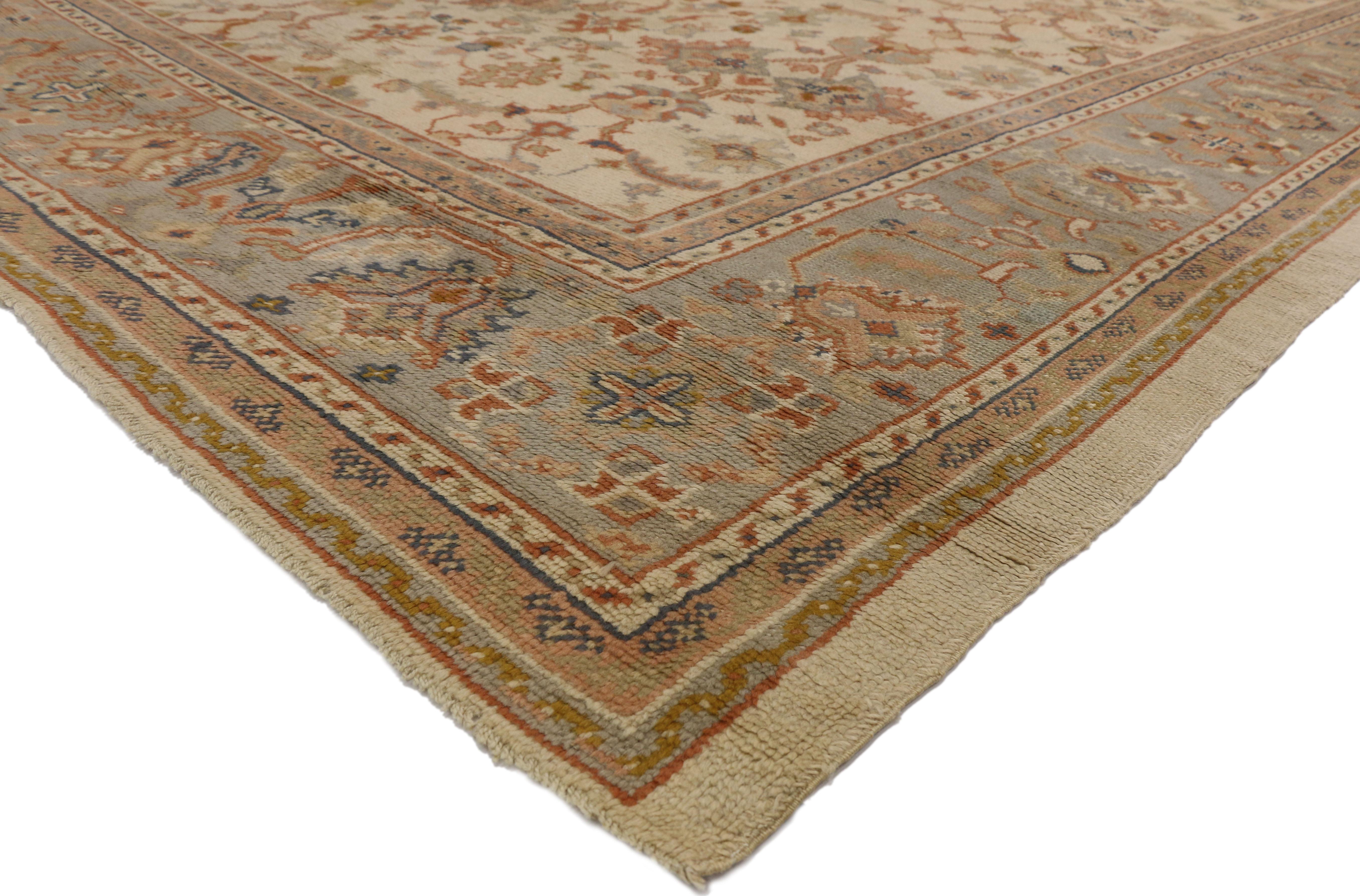 74250 Antique Turkish Oushak Area Rug with French Provincial Style, 11'02 X 14'00. This hand-knotted wool antique Turkish Oushak rug with French Provincial style features an all-over stylized floral lattice pattern composed of Harshang-style motifs,