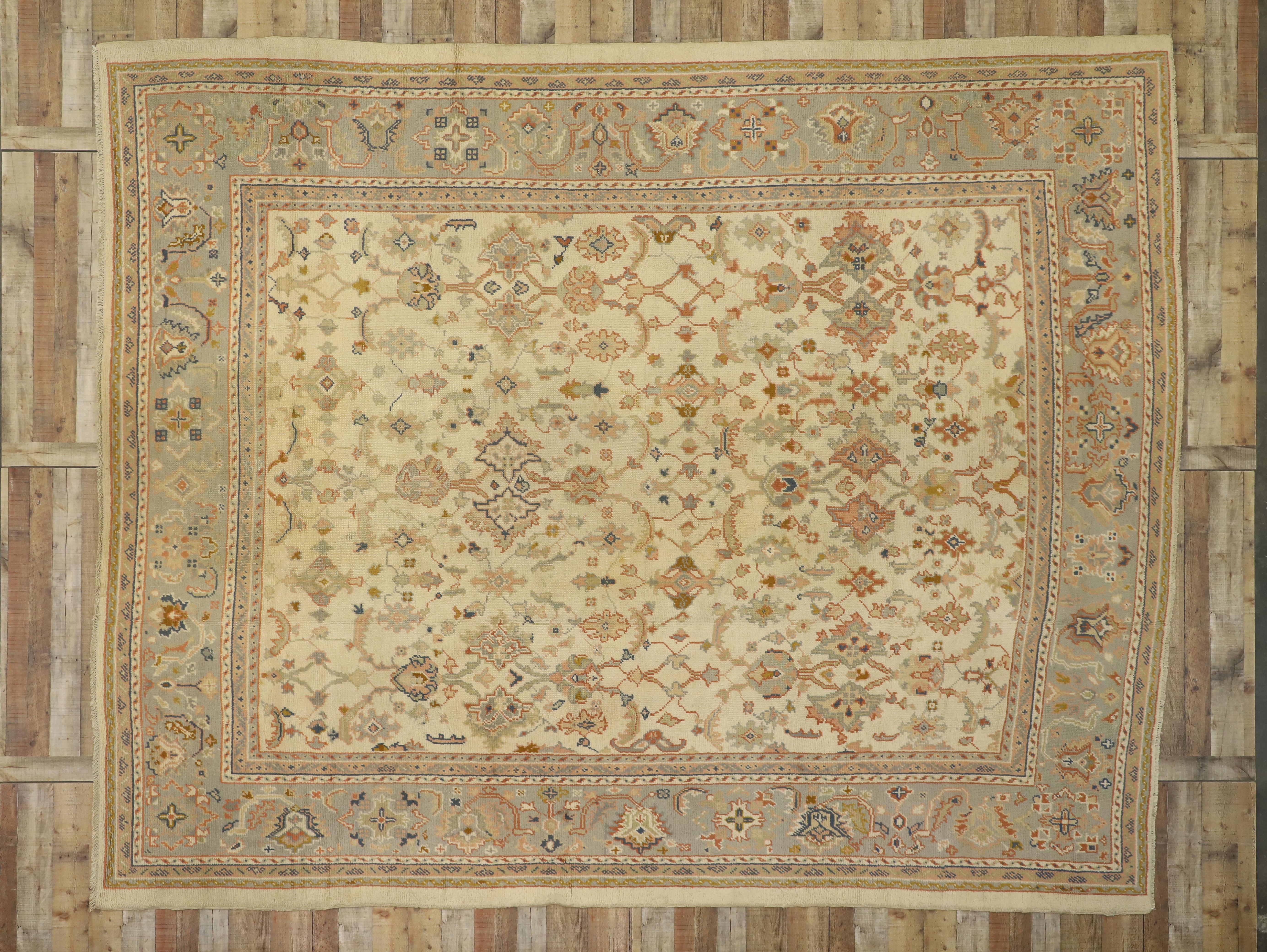Wool Antique Turkish Oushak Area Rug with French Provincial Style For Sale