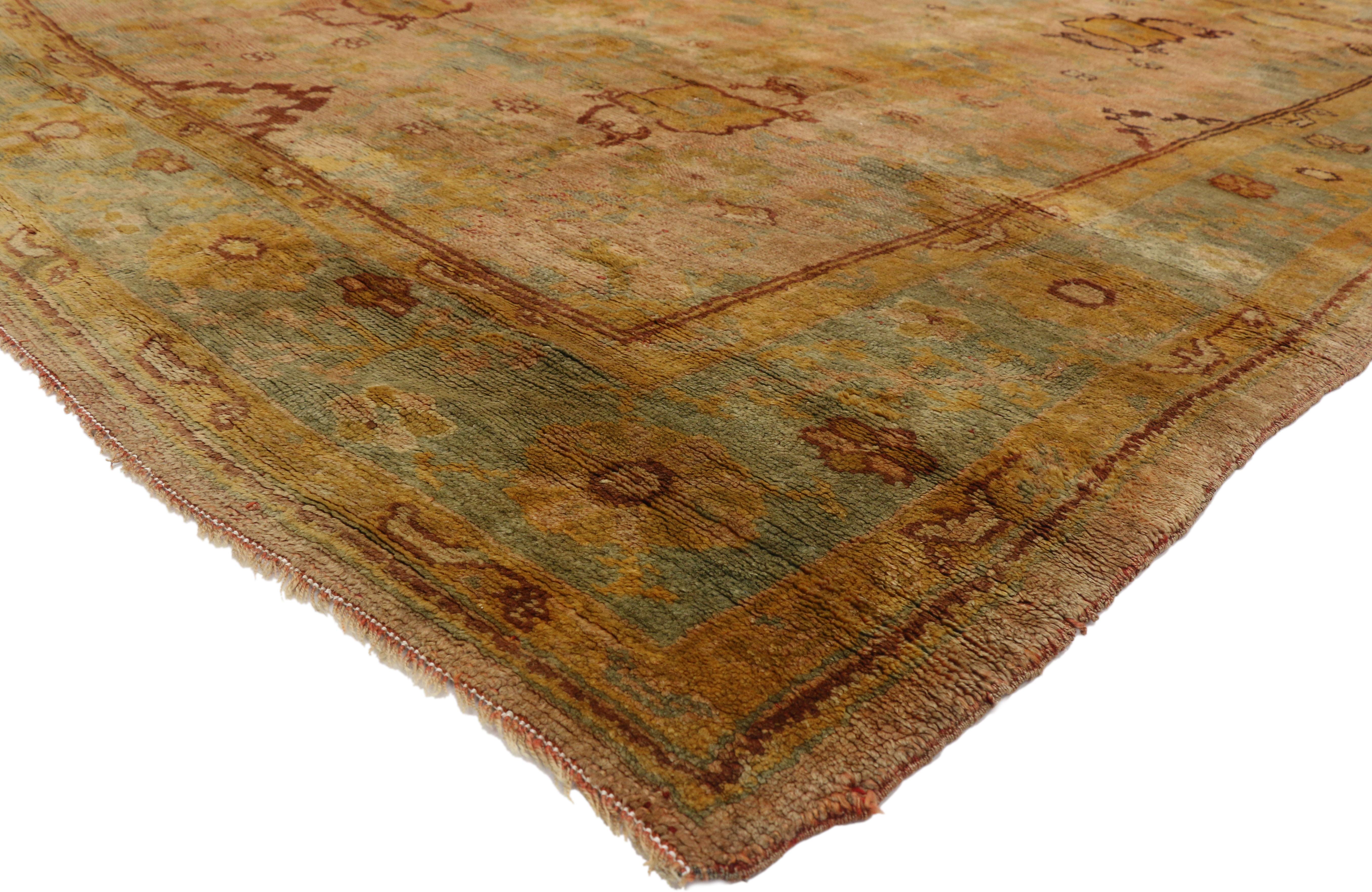Hand-Knotted Antique Turkish Oushak Area Rug with French Provincial and Louis XIV Style For Sale
