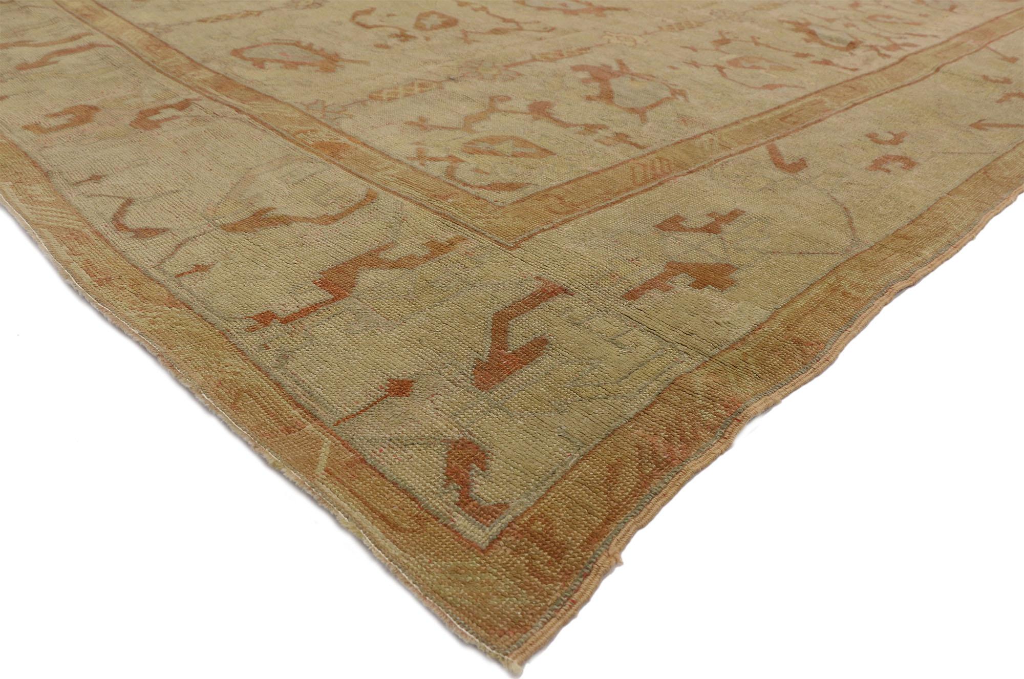73736, antique Turkish Oushak rug with rustic Arts & Crafts style 10'00 x 12'00. With its architectural elements of naturalistic forms and lovingly time-worn patina, this hand knotted wool antique Turkish Oushak rug beautifully embodies Arts and
