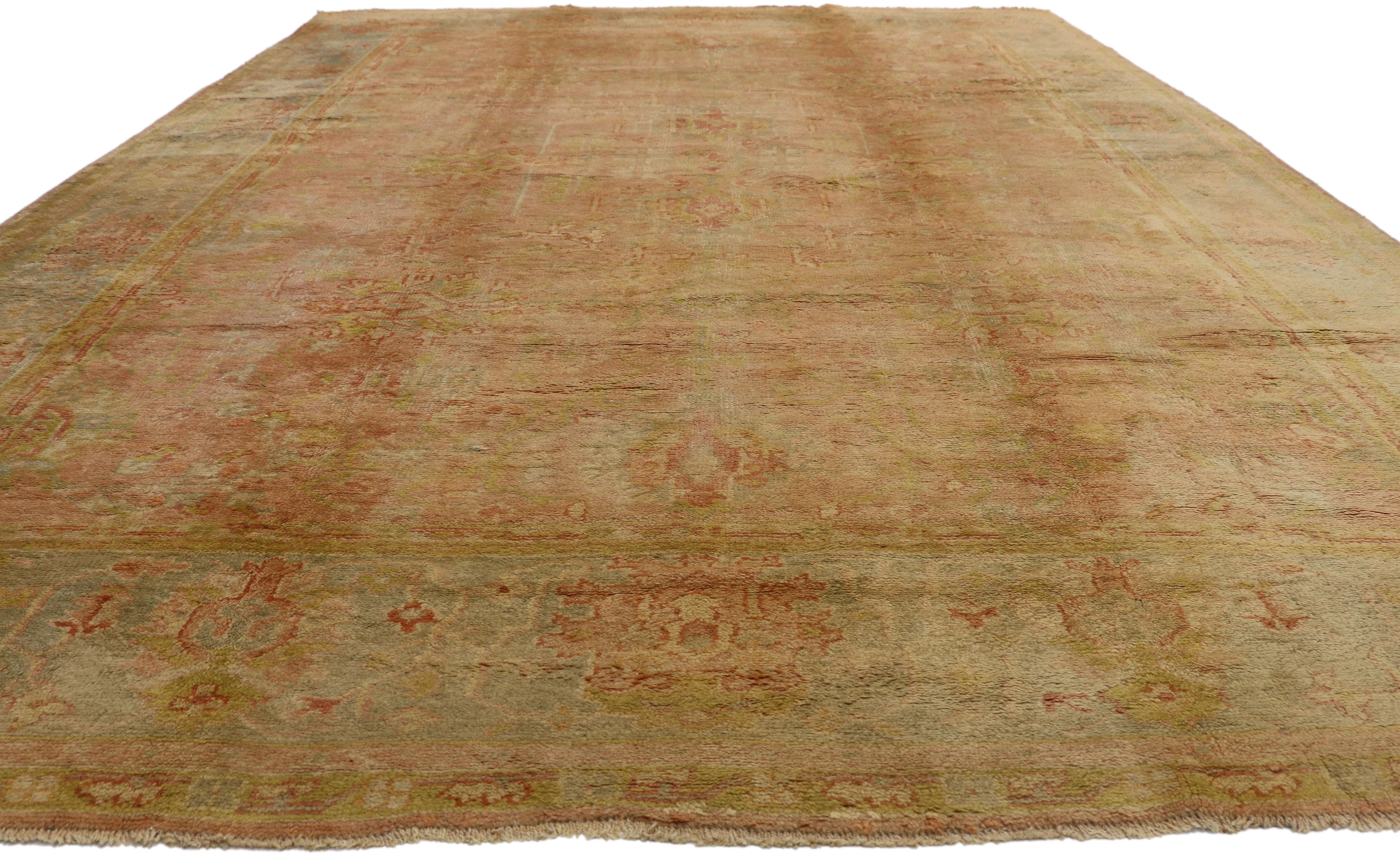 French Provincial Antique Turkish Oushak Rug, Spanish Eclectic Meets Sunbaked Elegance For Sale