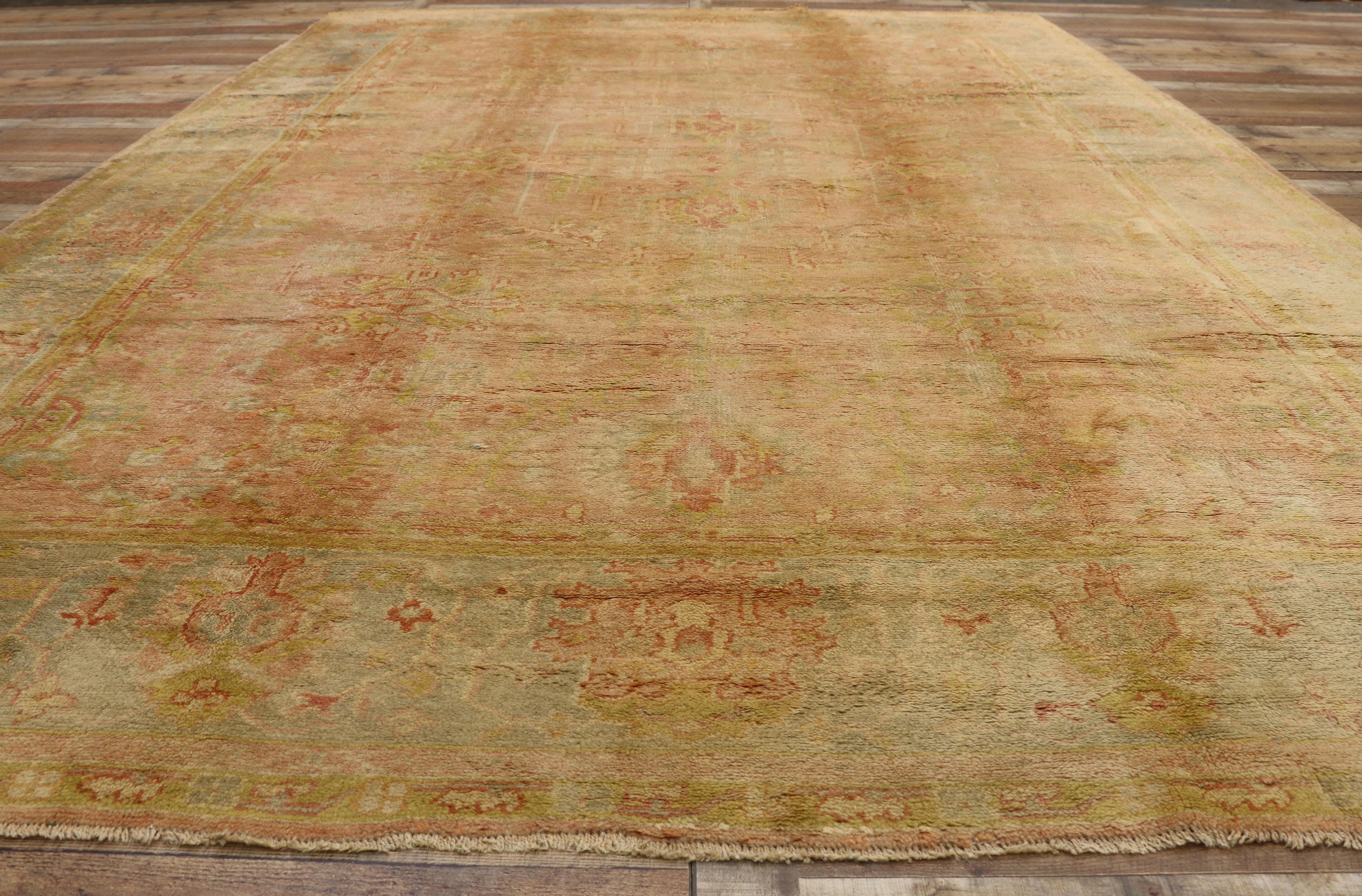 Wool Antique Turkish Oushak Rug, Spanish Eclectic Meets Sunbaked Elegance For Sale