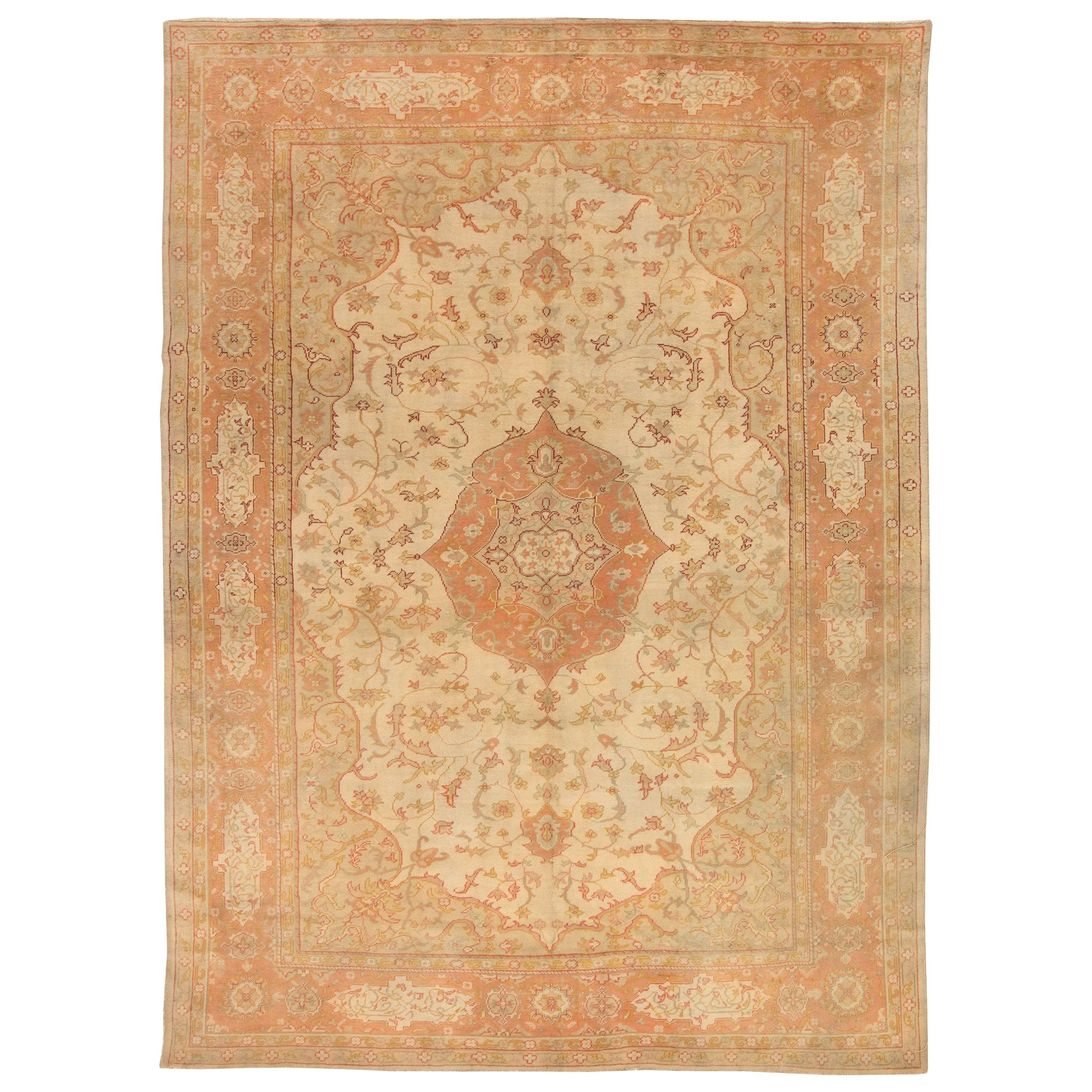 Antique Turkish Oushak Handmade Wool Rug For Sale