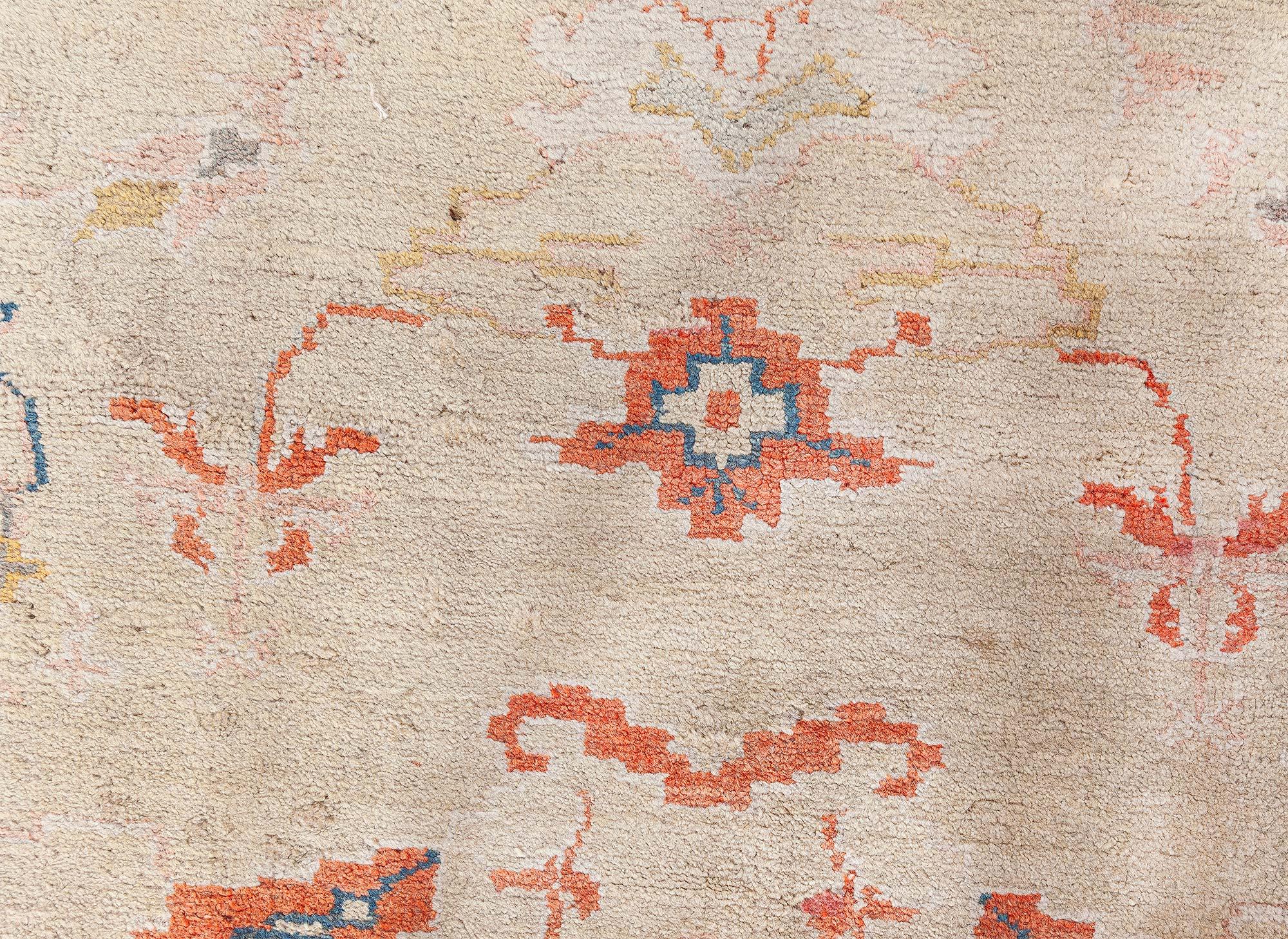 Hand-Woven Doris Leslie Blau Antique Turkish Oushak Beige Botanic Rug For Sale