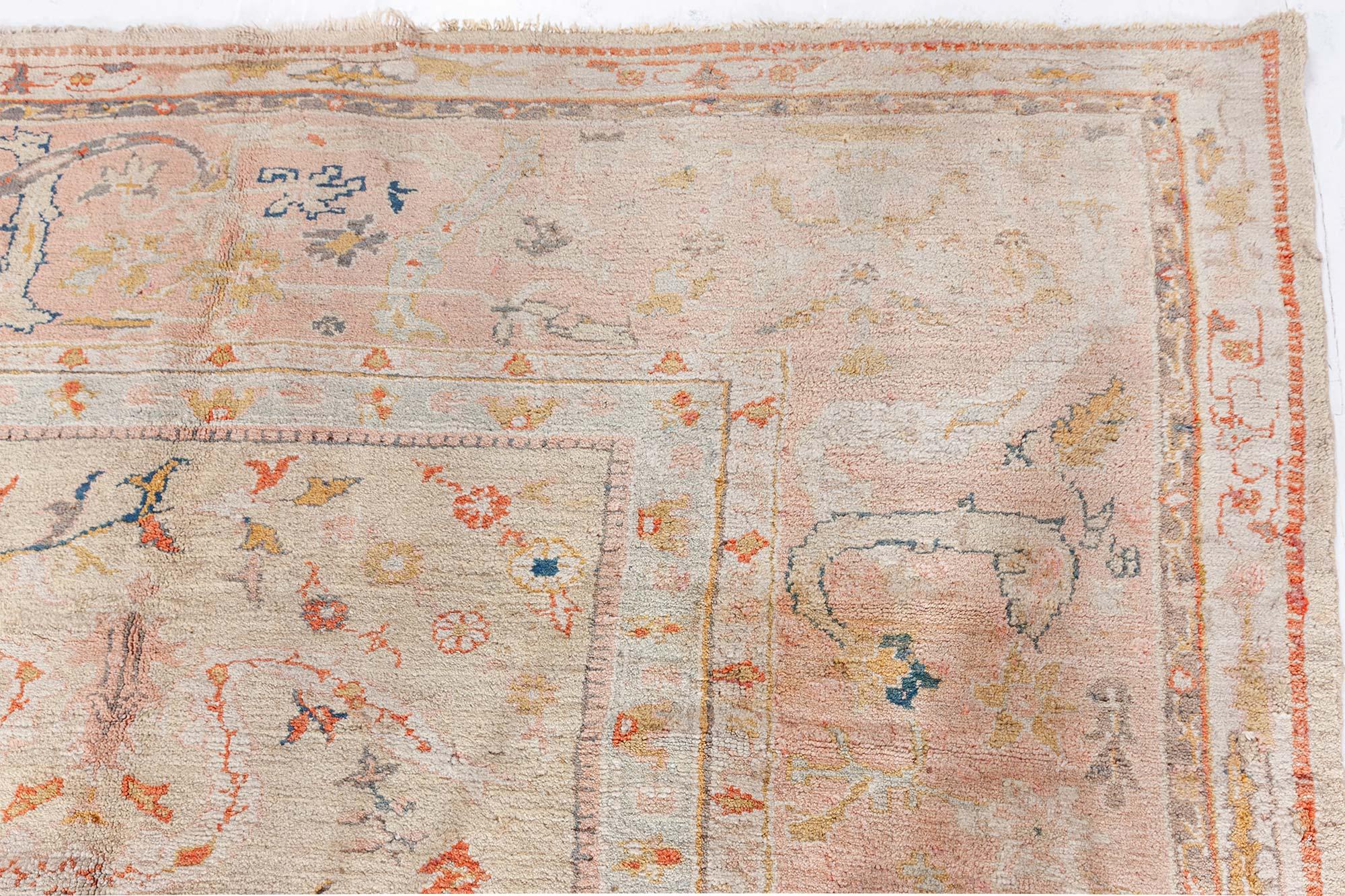 Wool Doris Leslie Blau Antique Turkish Oushak Beige Botanic Rug For Sale
