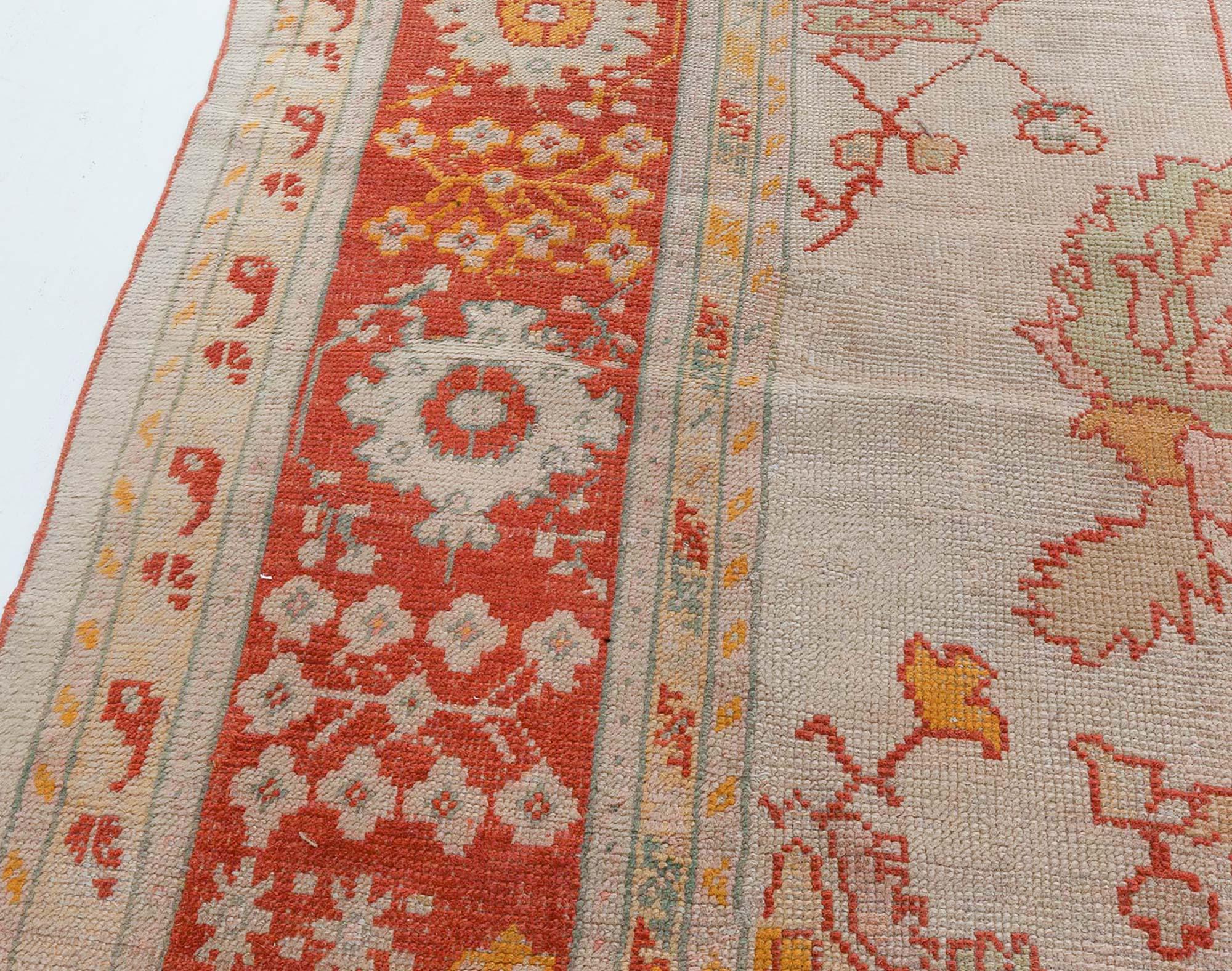 20th Century Antique Turkish Oushak Beige Handwoven Wool Carpet For Sale