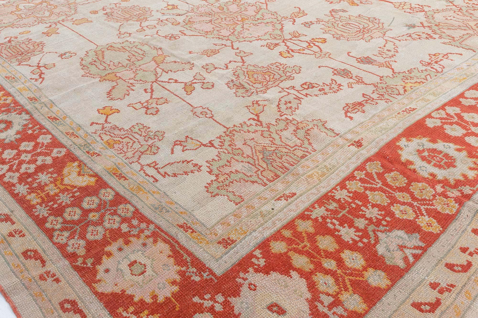 Antique Turkish Oushak Beige Handwoven Wool Carpet For Sale 1