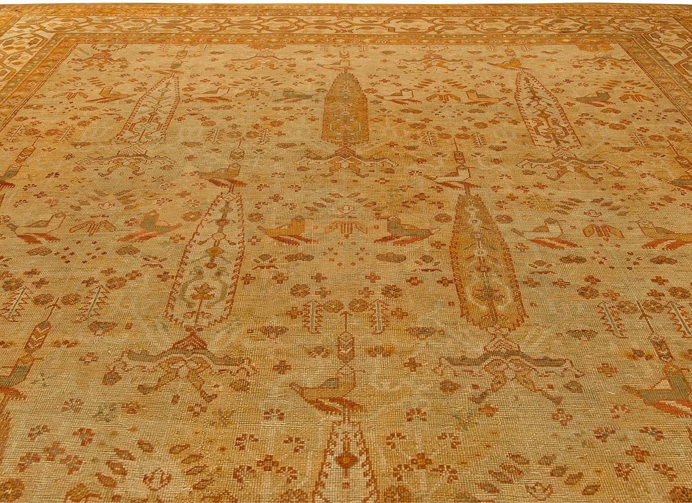 Hand-Woven Antique Turkish Oushak Beige Handwoven Wool Rug For Sale