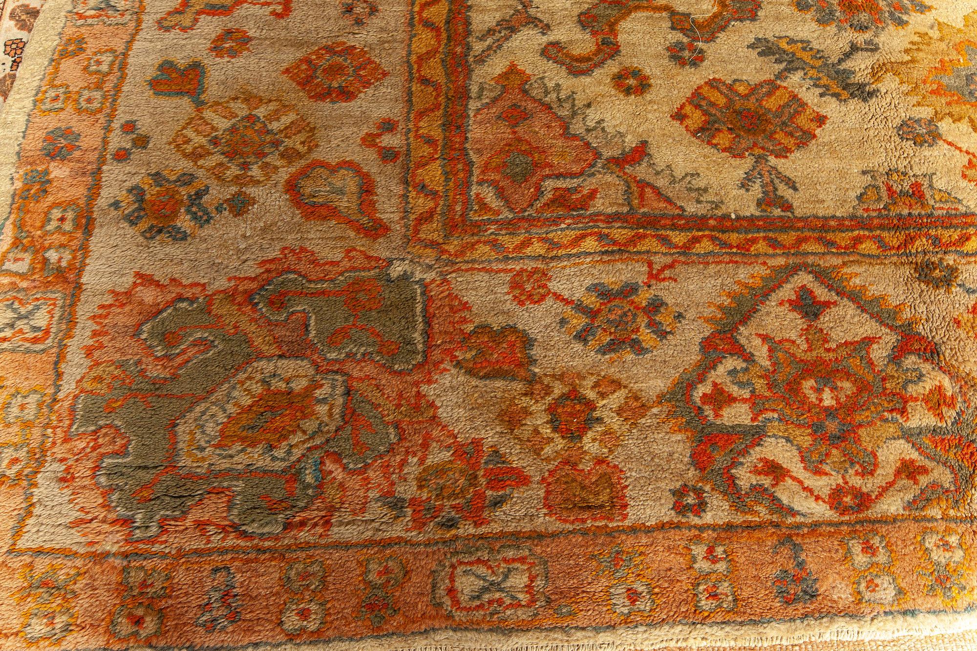 Hand-Woven Antique Turkish Oushak Botanic Handmade Wool Rug For Sale