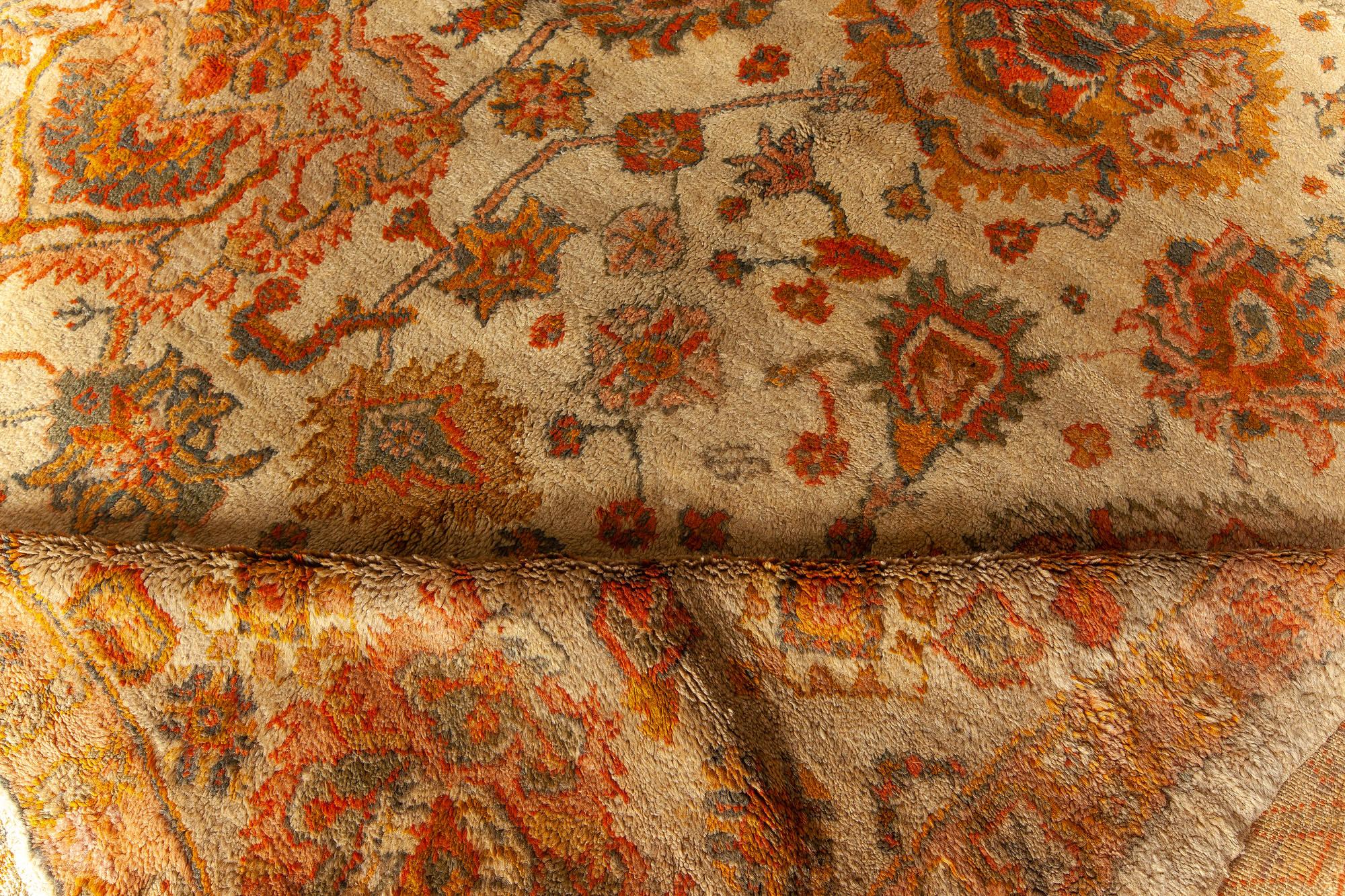 Antique Turkish Oushak botanic beige, orange, yellow, green handwoven wool rug
Size: 11'7