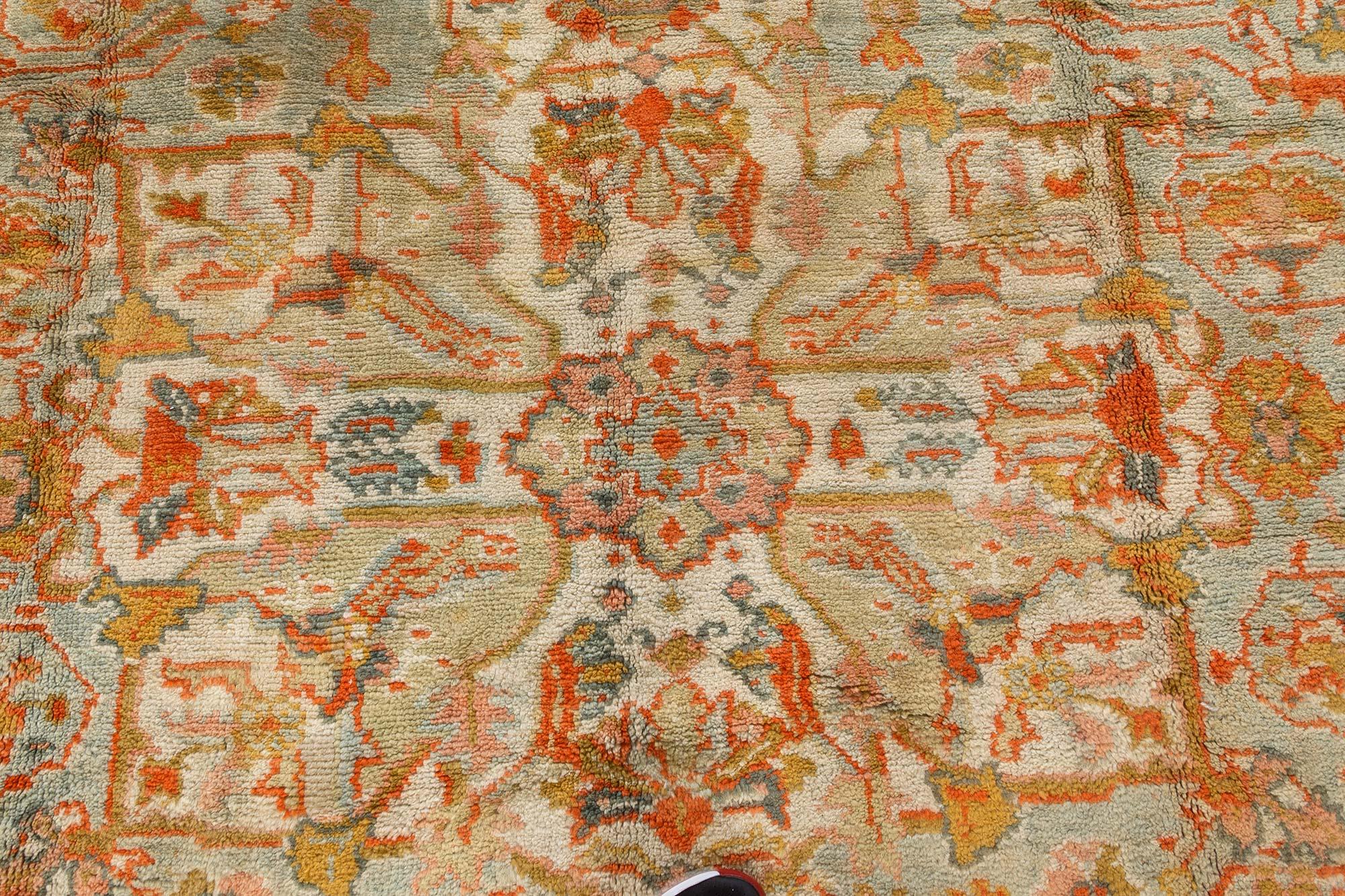 Hand-Knotted Antique Turkish Oushak Botanic Handmade Wool Carpet For Sale
