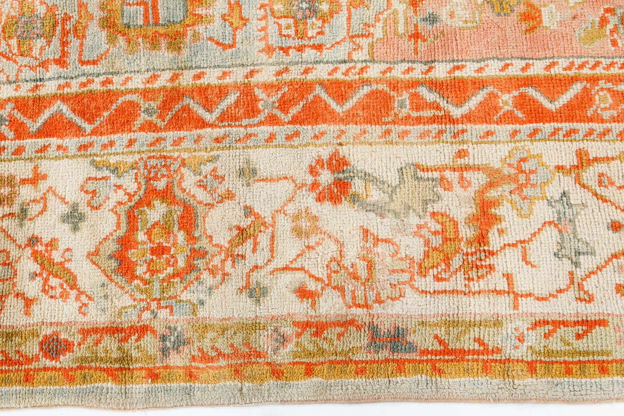 20th Century Antique Turkish Oushak Botanic Handmade Wool Carpet For Sale