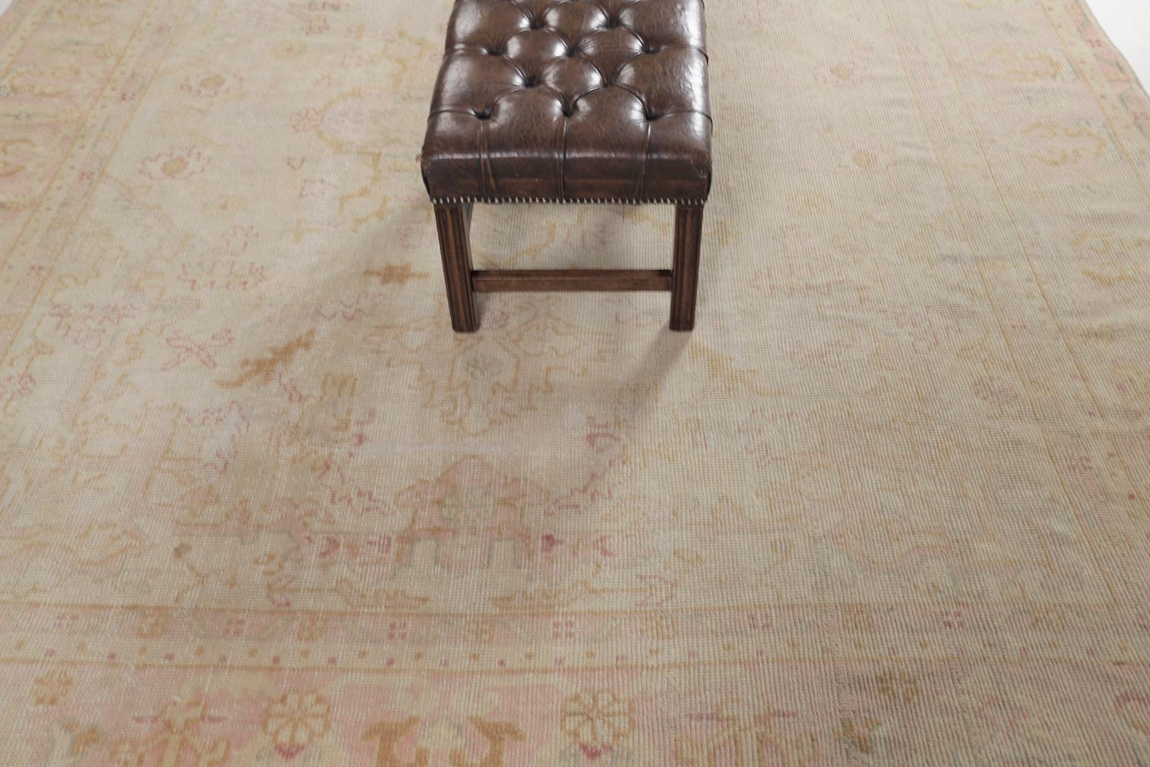 A captivating antique Persian Oushak rug in the stunning warm colour palette that was made from the finest selection of natural dye and hand spun wool. The tranquil character of this sophisticated rug will bring relaxation and give your space the