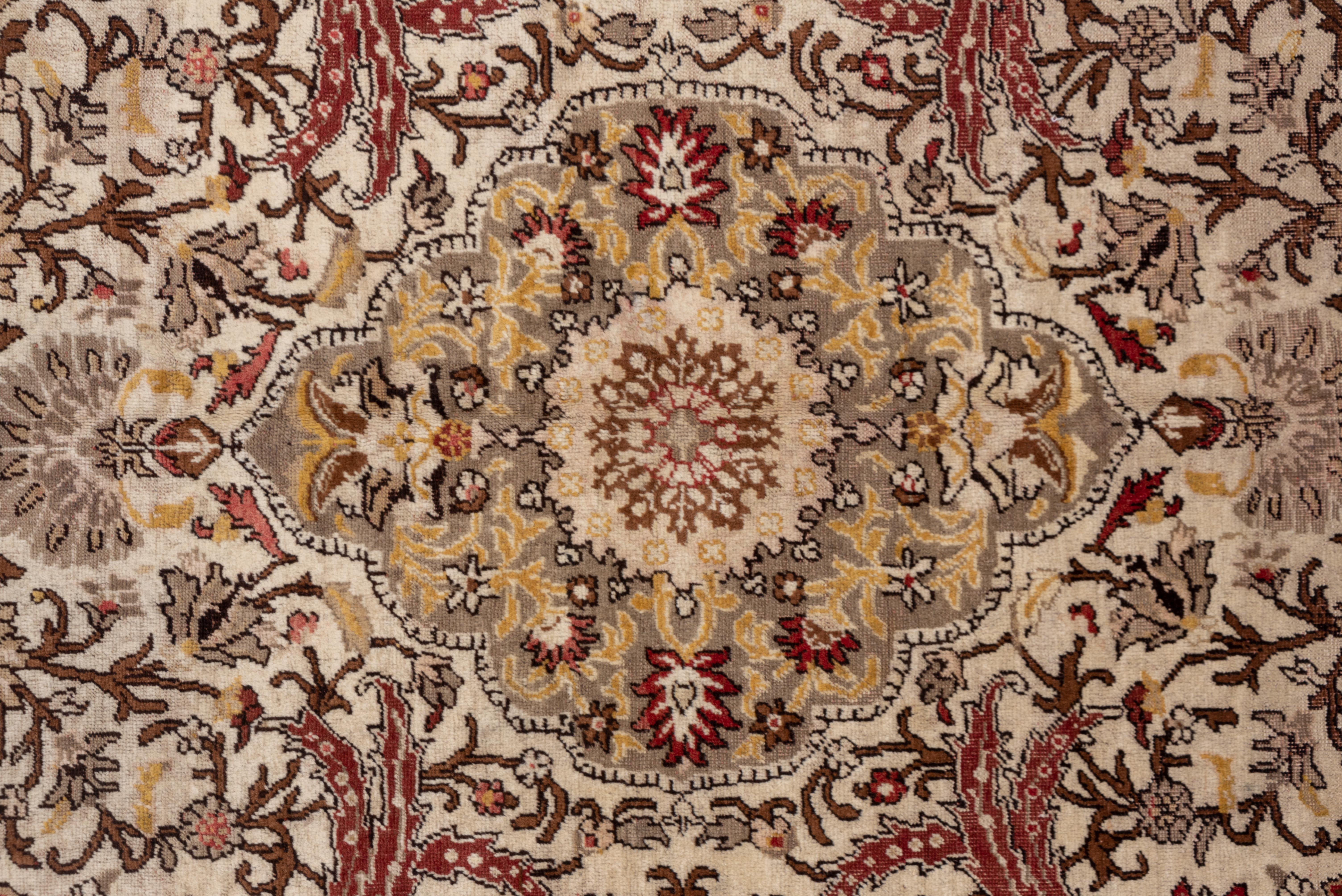 Mid-20th Century Antique Turkish Oushak Carpet, Brown Borders, Ivory Field, Medallion