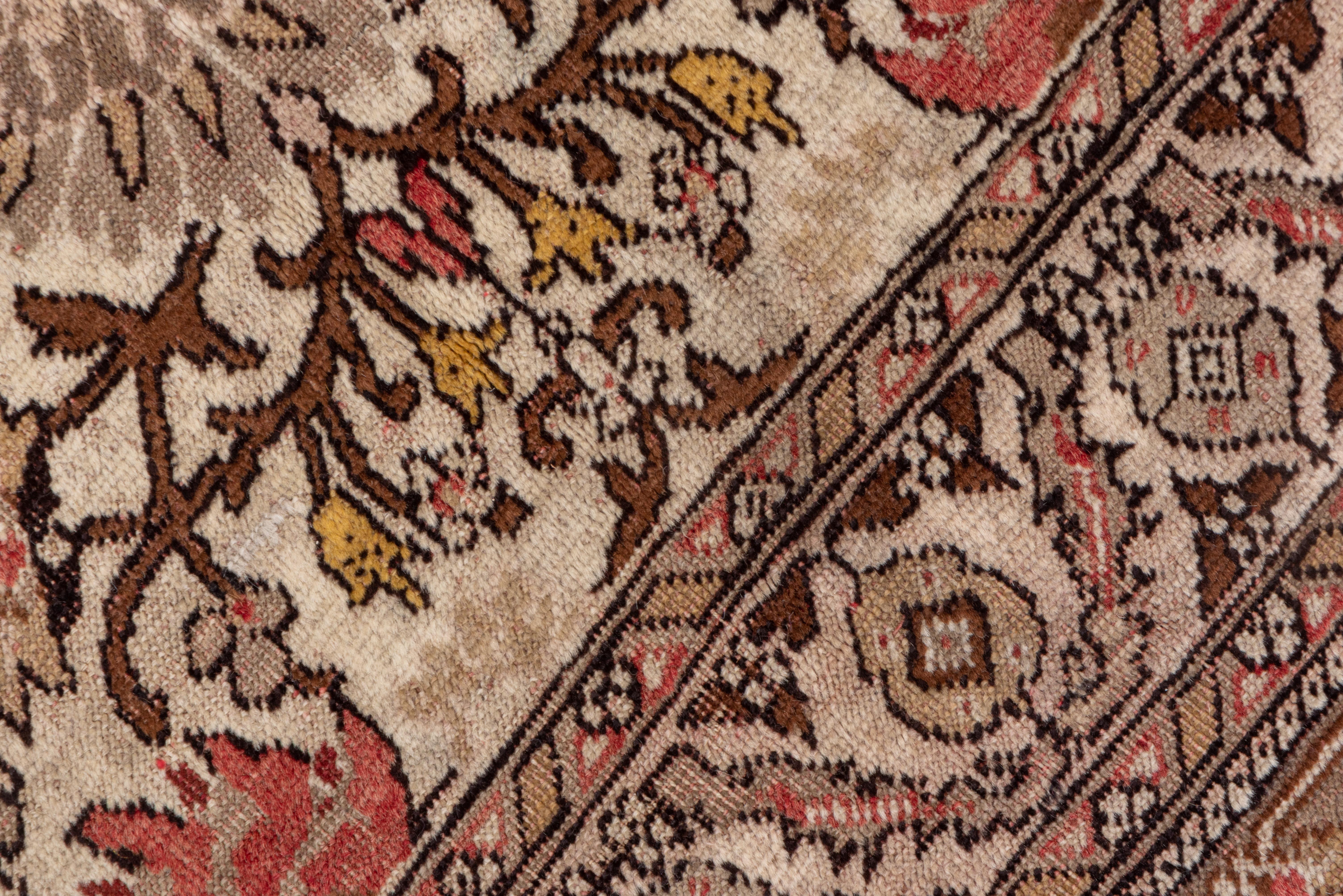 Wool Antique Turkish Oushak Carpet, Brown Borders, Ivory Field, Medallion