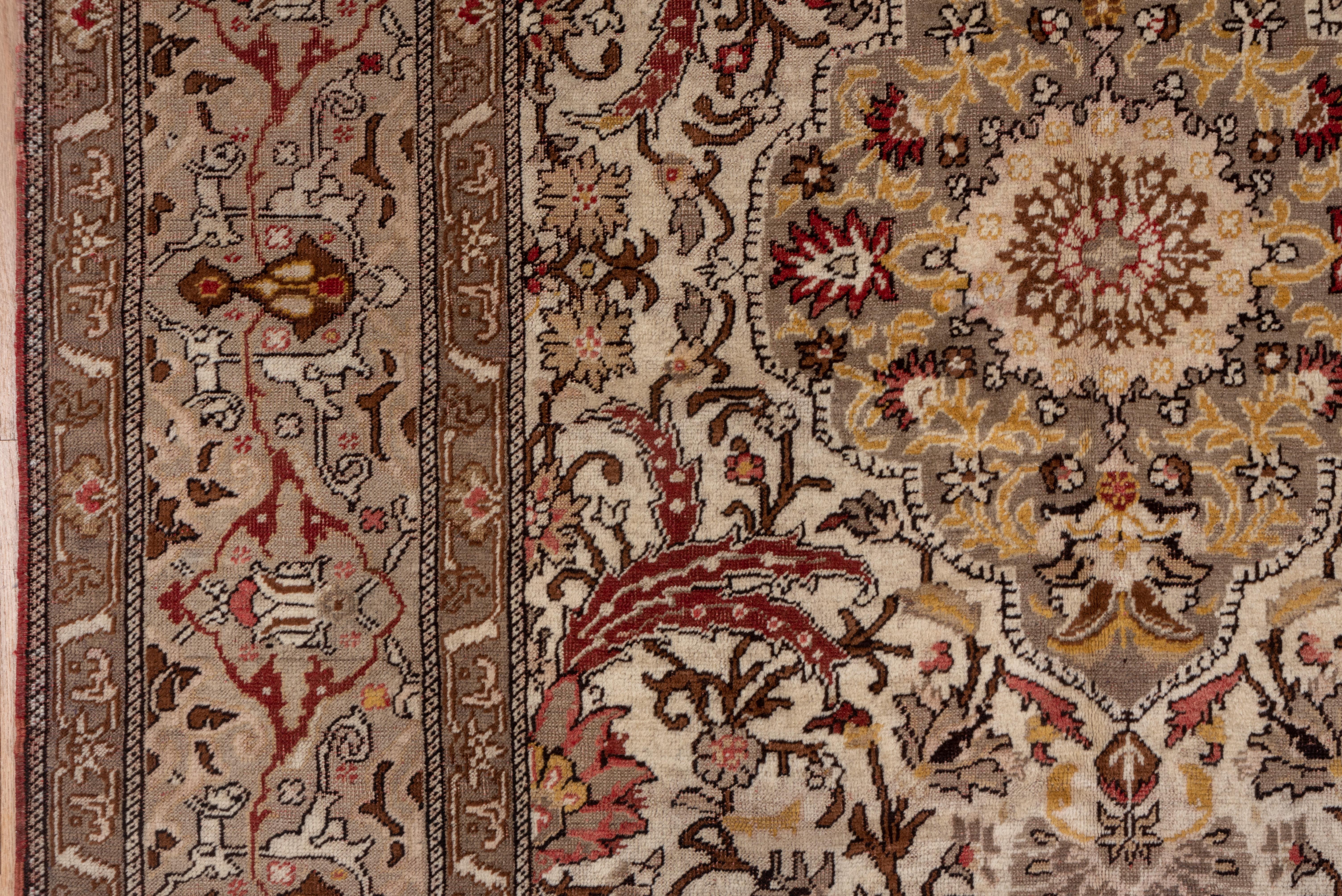 Antique Turkish Oushak Carpet, Brown Borders, Ivory Field, Medallion 1