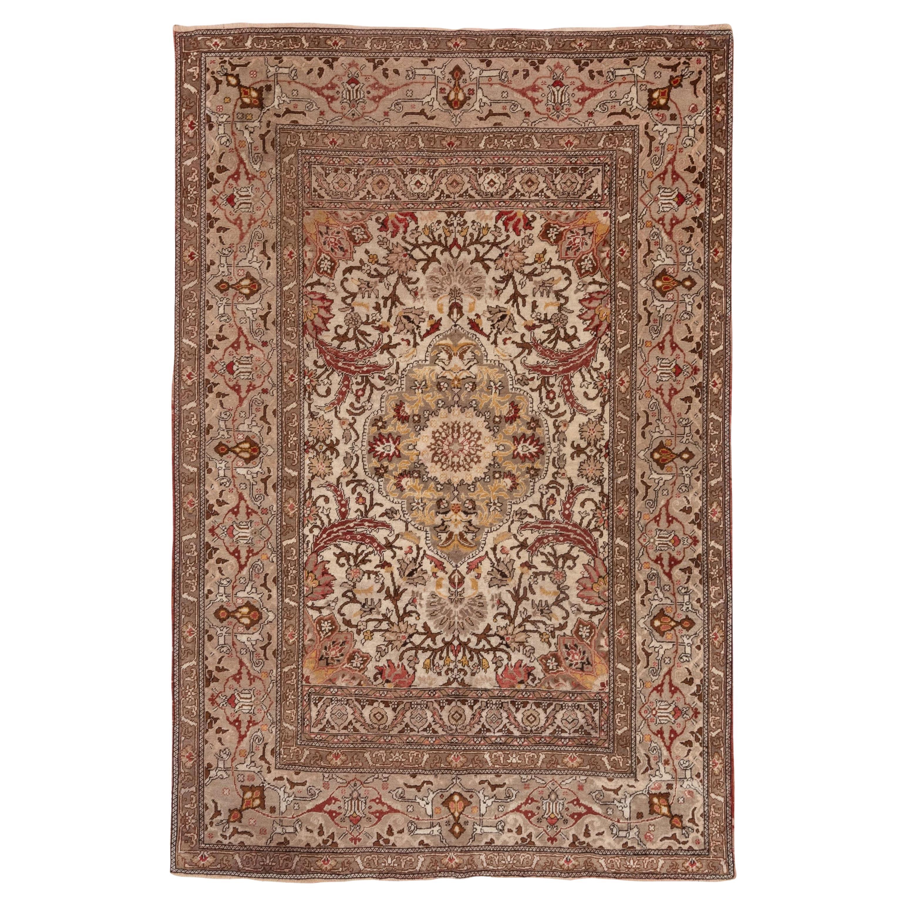 Antique Turkish Oushak Carpet, Brown Borders, Ivory Field, Medallion