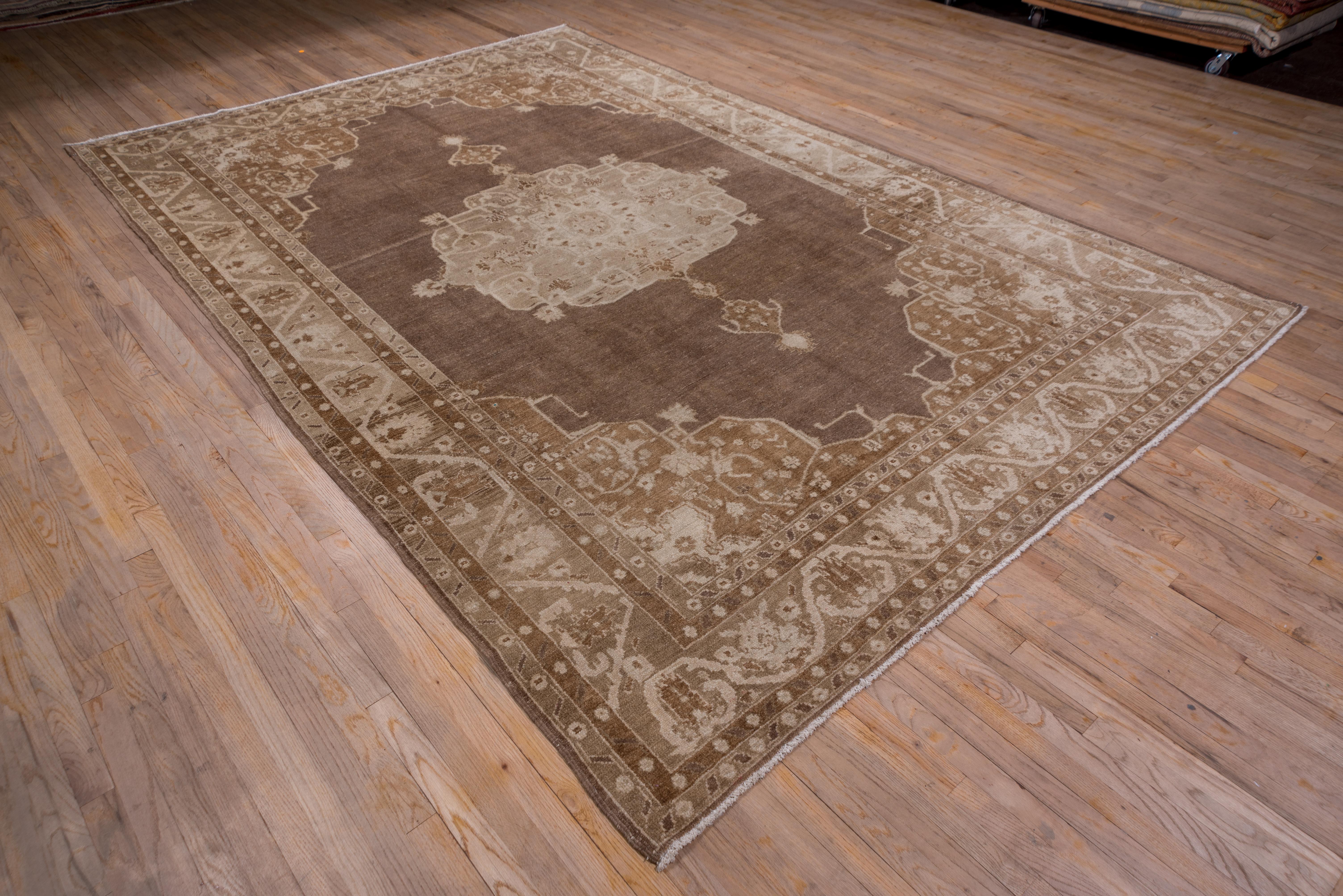 Hand-Knotted Antique Turkish Oushak Carpet, Brown Field, Light Brown Borders, Circa 1930s For Sale