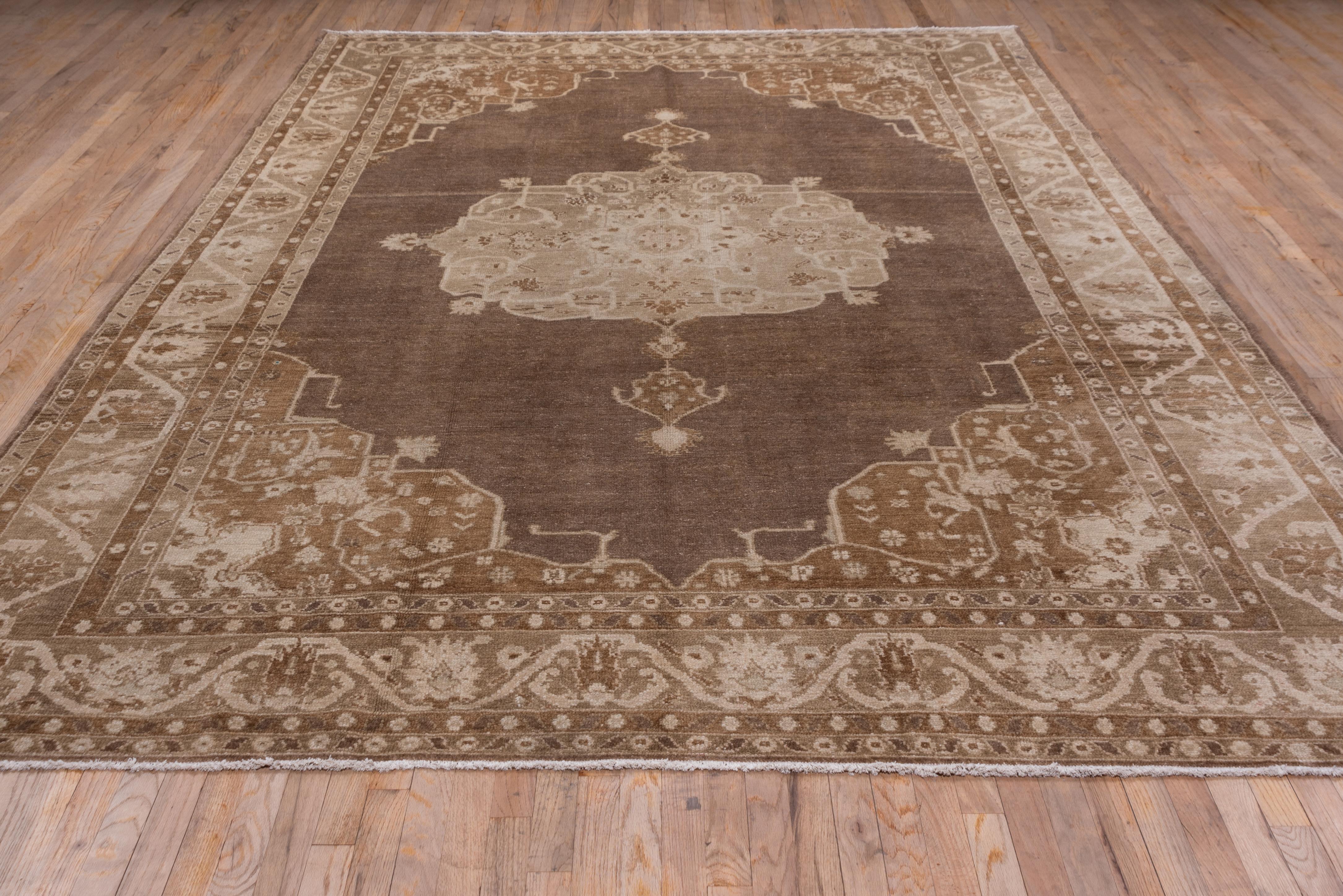 Wool Antique Turkish Oushak Carpet, Brown Field, Light Brown Borders, Circa 1930s For Sale