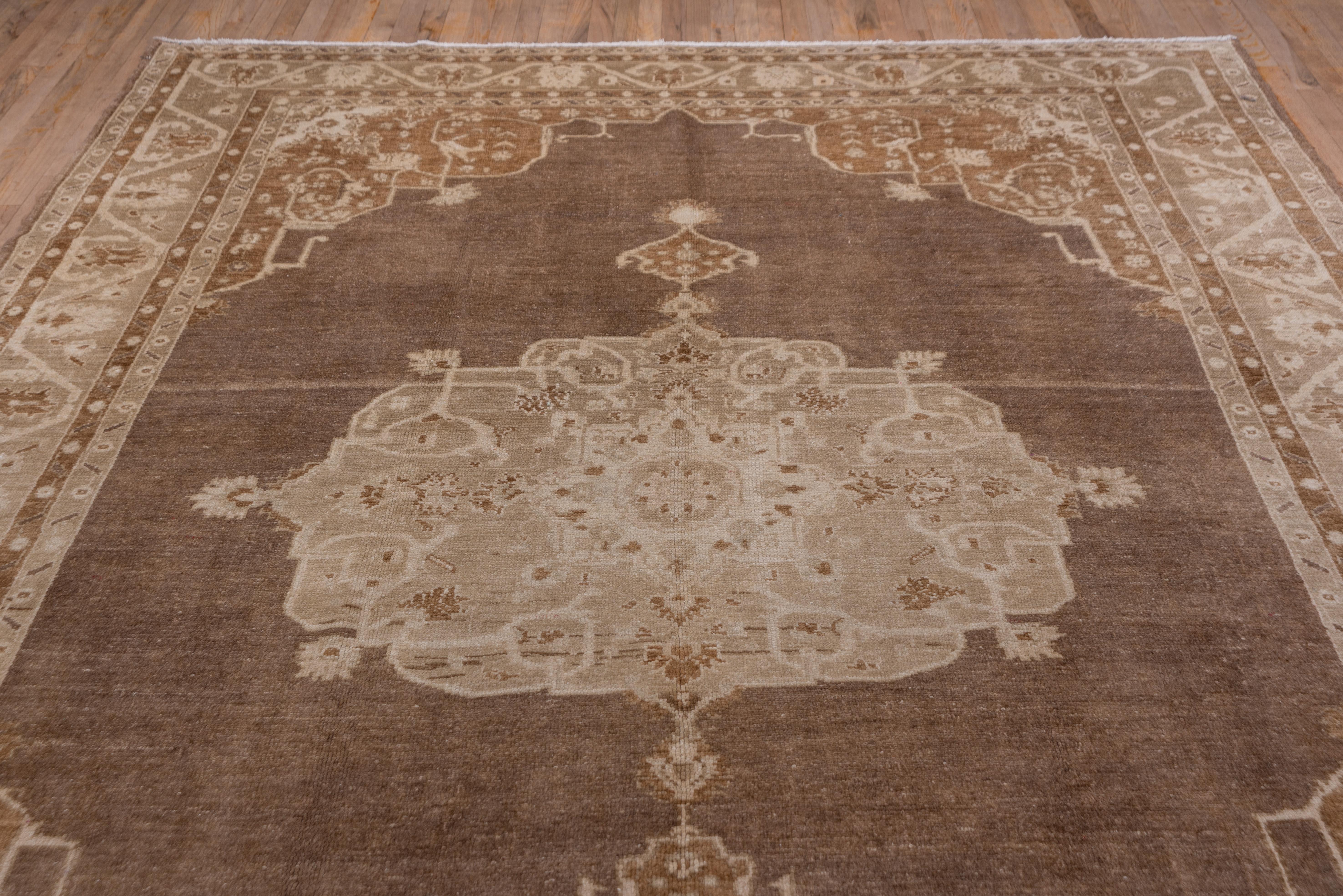 Antique Turkish Oushak Carpet, Brown Field, Light Brown Borders, Circa 1930s For Sale 1