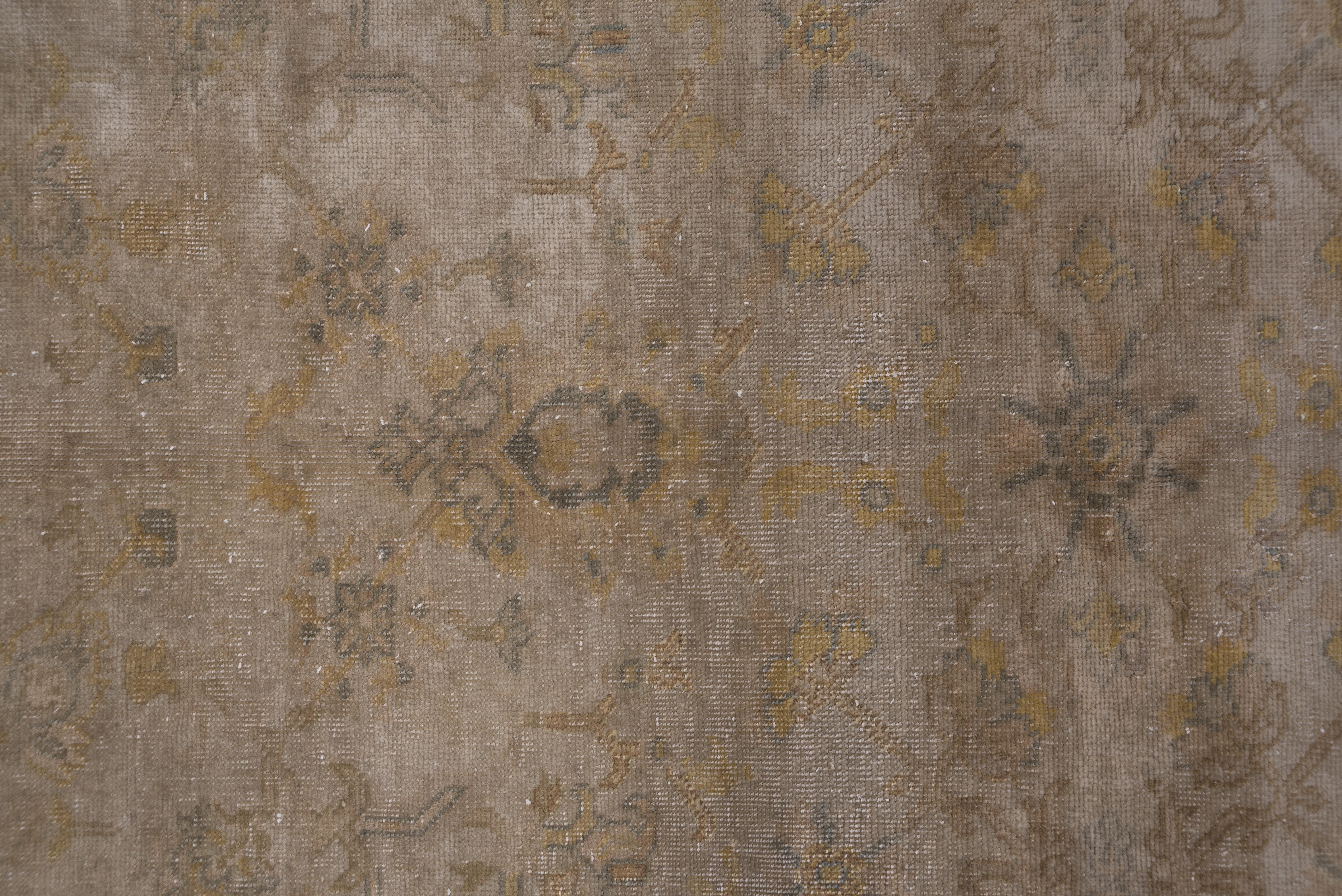 Hand-Knotted Antique Turkish Oushak Carpet, Earth Tones, Green Border, All-Over Field For Sale