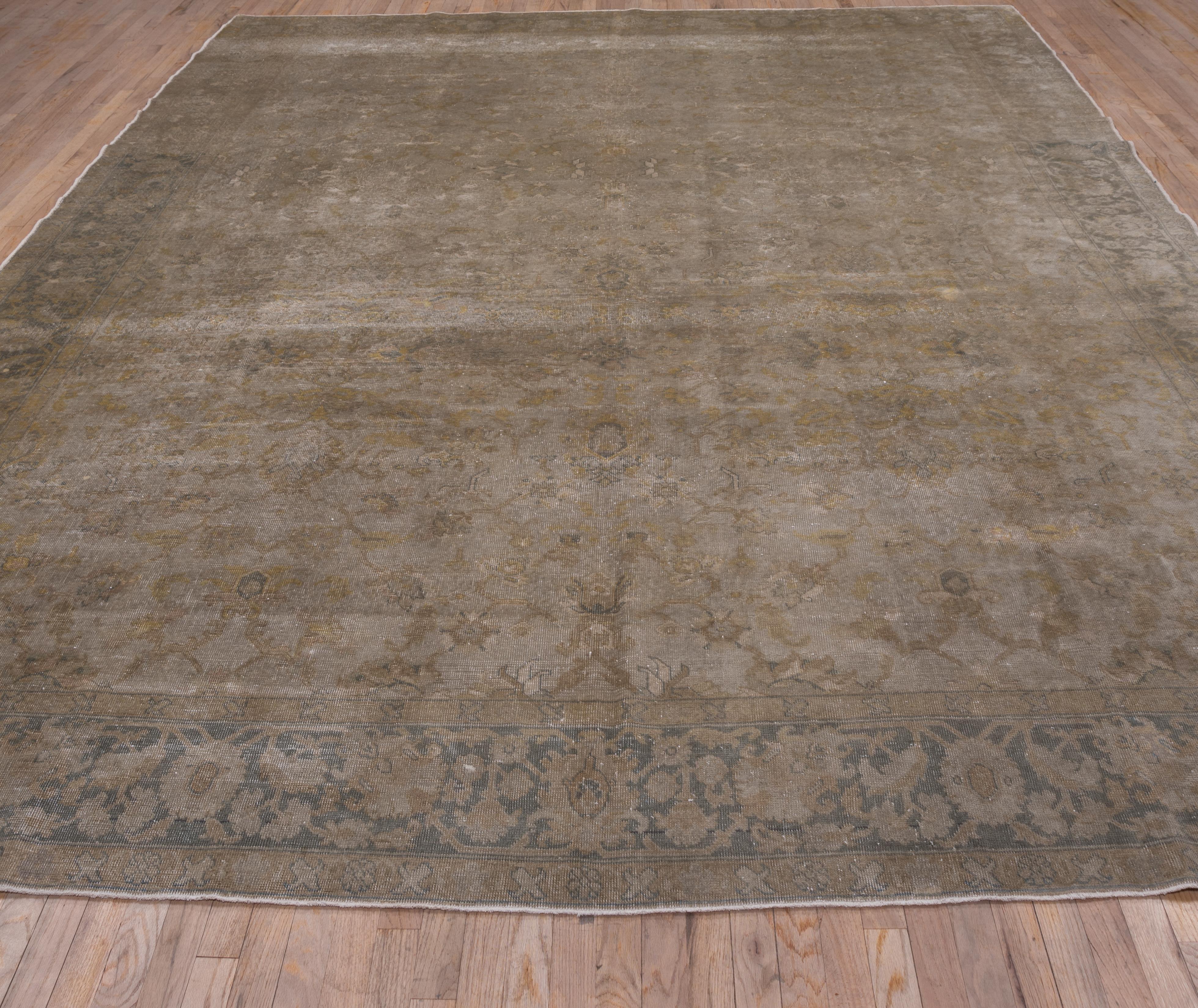 Antique Turkish Oushak Carpet, Earth Tones, Green Border, All-Over Field For Sale 2