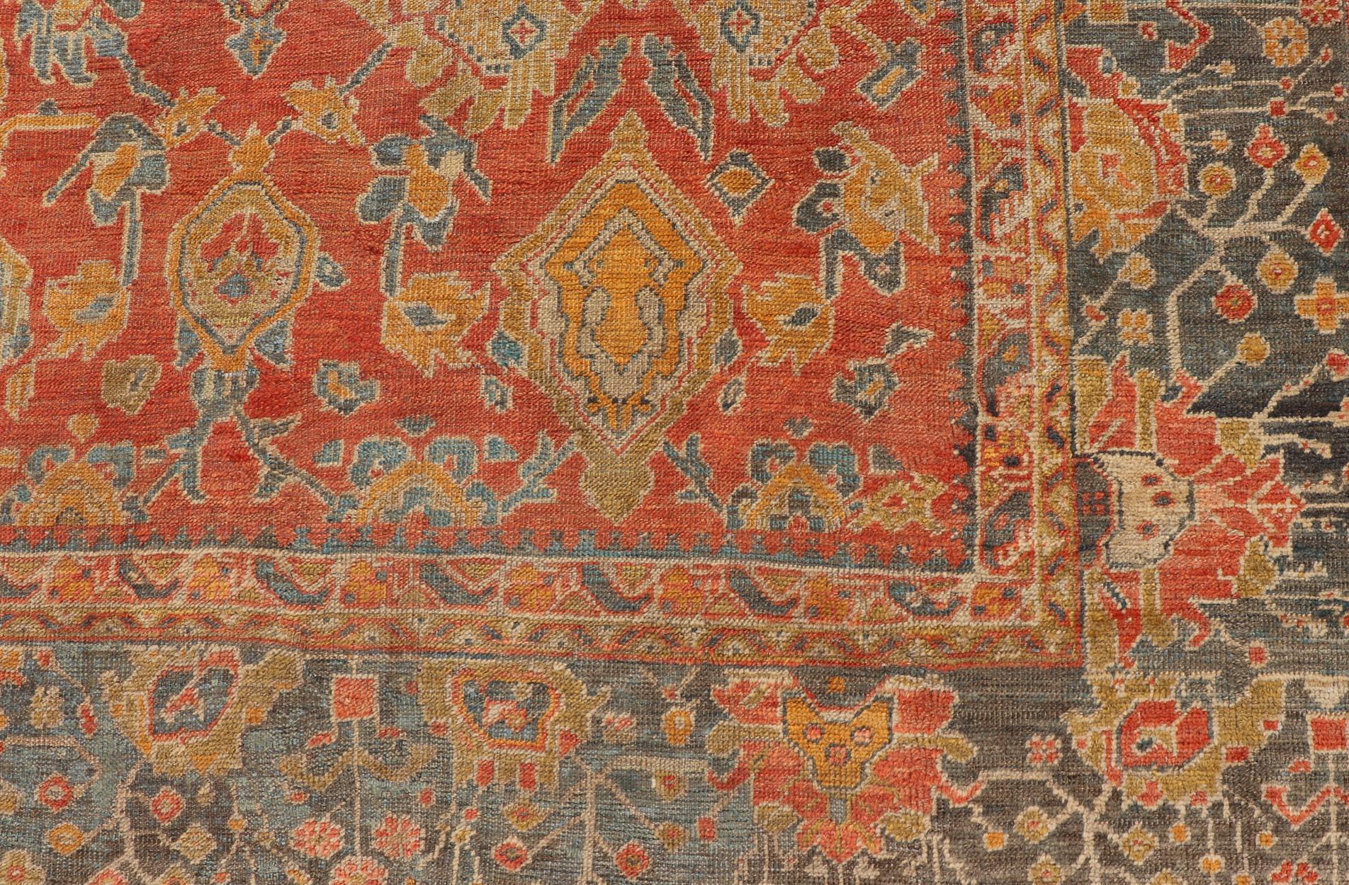 Antique Turkish Oushak Rug in Terracotta With All-Over Flower, Leaves and Vines  For Sale 3